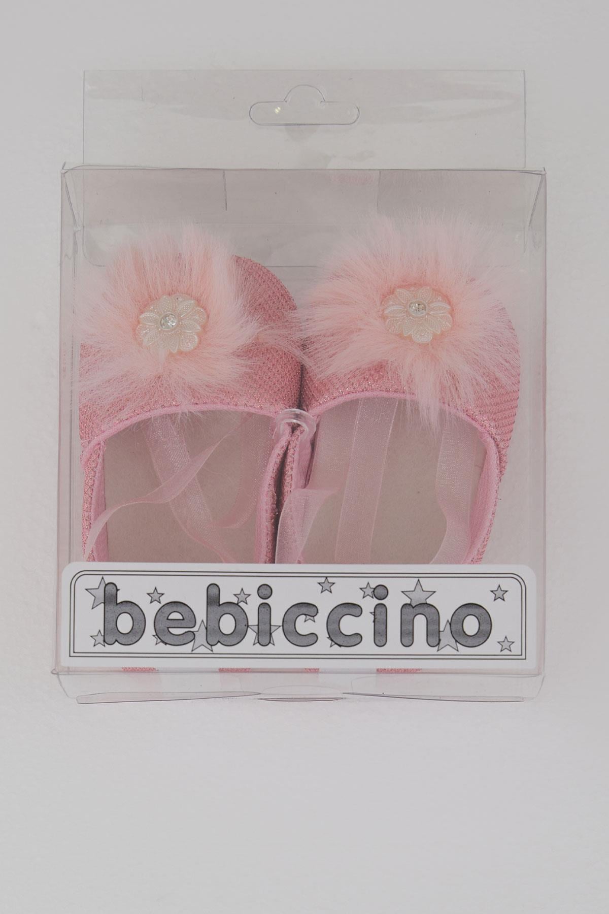 Bebiccino Kız Bebek Patik Ayakkabı Çiçek Aksesuarlı Tüylü Kurdela Bağlamalı Pembe (18-19 Numara)
