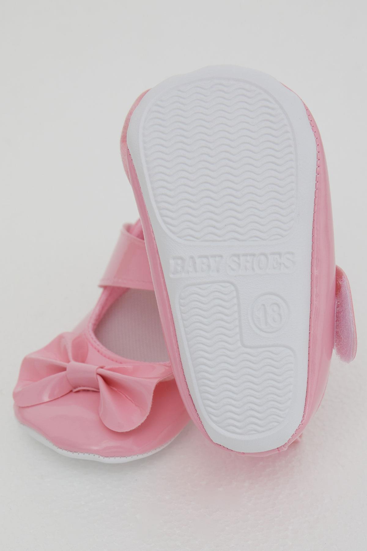 Bebiccino Kız Bebek Rugan Babet Ayakkabı Fiyonklu Cırtlı Pembe (18 Numara-19 Numara)