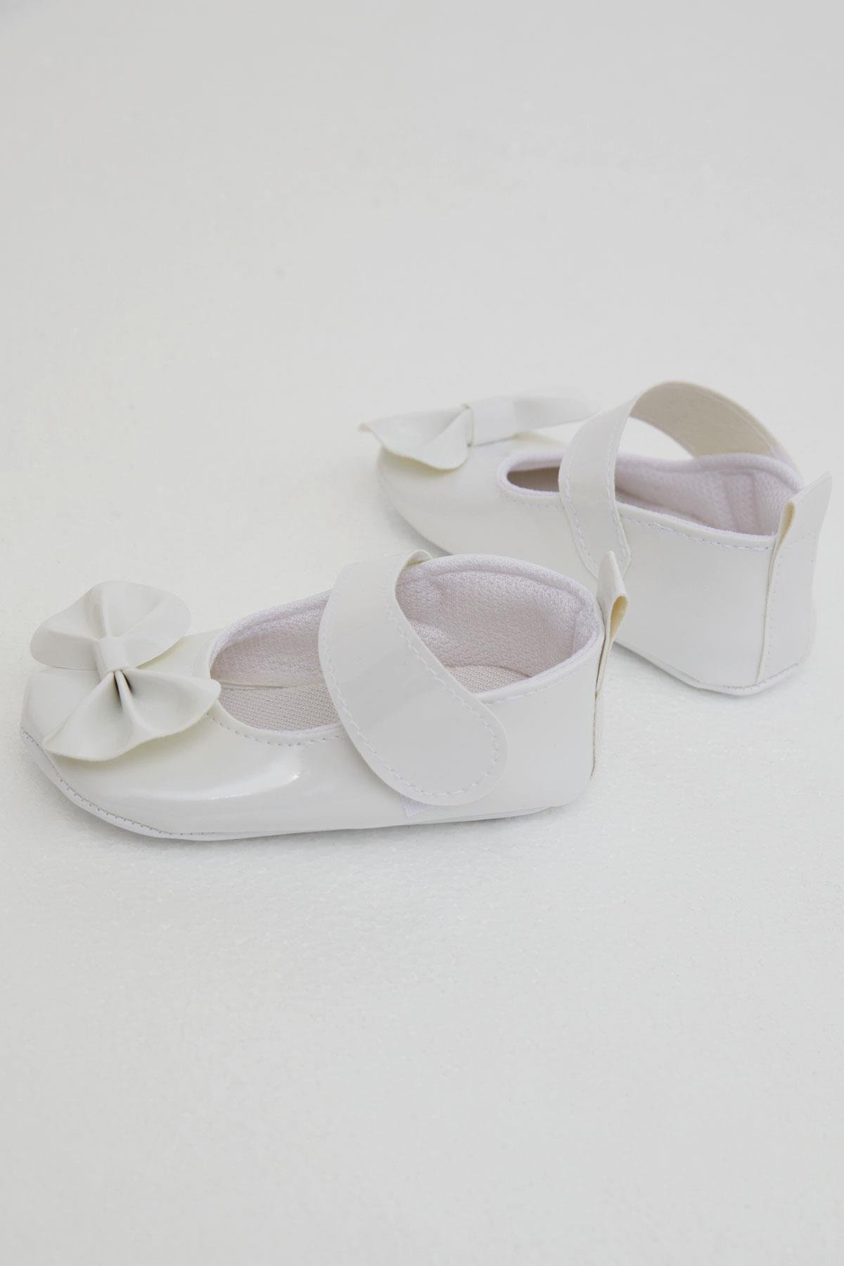 Bebiccino Kız Bebek Rugan Babet Ayakkabı Fiyonklu Cırtlı Beyaz (18 Numara-19 Numara)