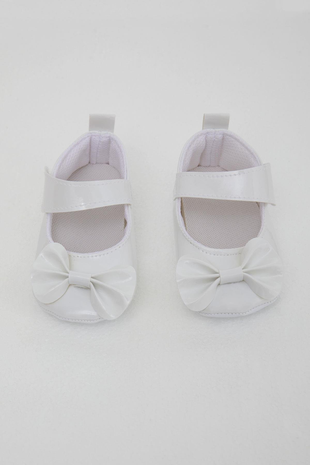 Bebiccino Kız Bebek Rugan Babet Ayakkabı Fiyonklu Cırtlı Beyaz (18 Numara-19 Numara)