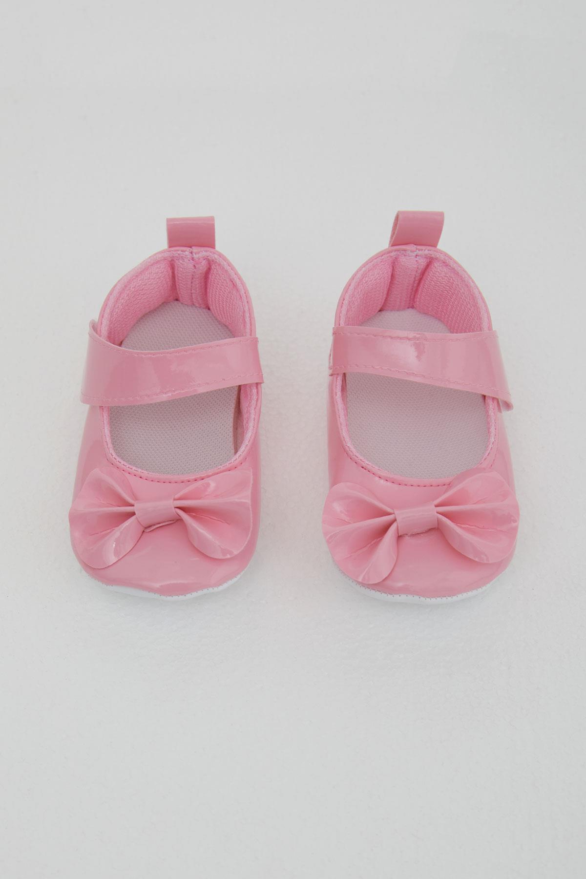 Bebiccino Kız Bebek Rugan Babet Ayakkabı Fiyonklu Cırtlı Pembe (18 Numara-19 Numara)