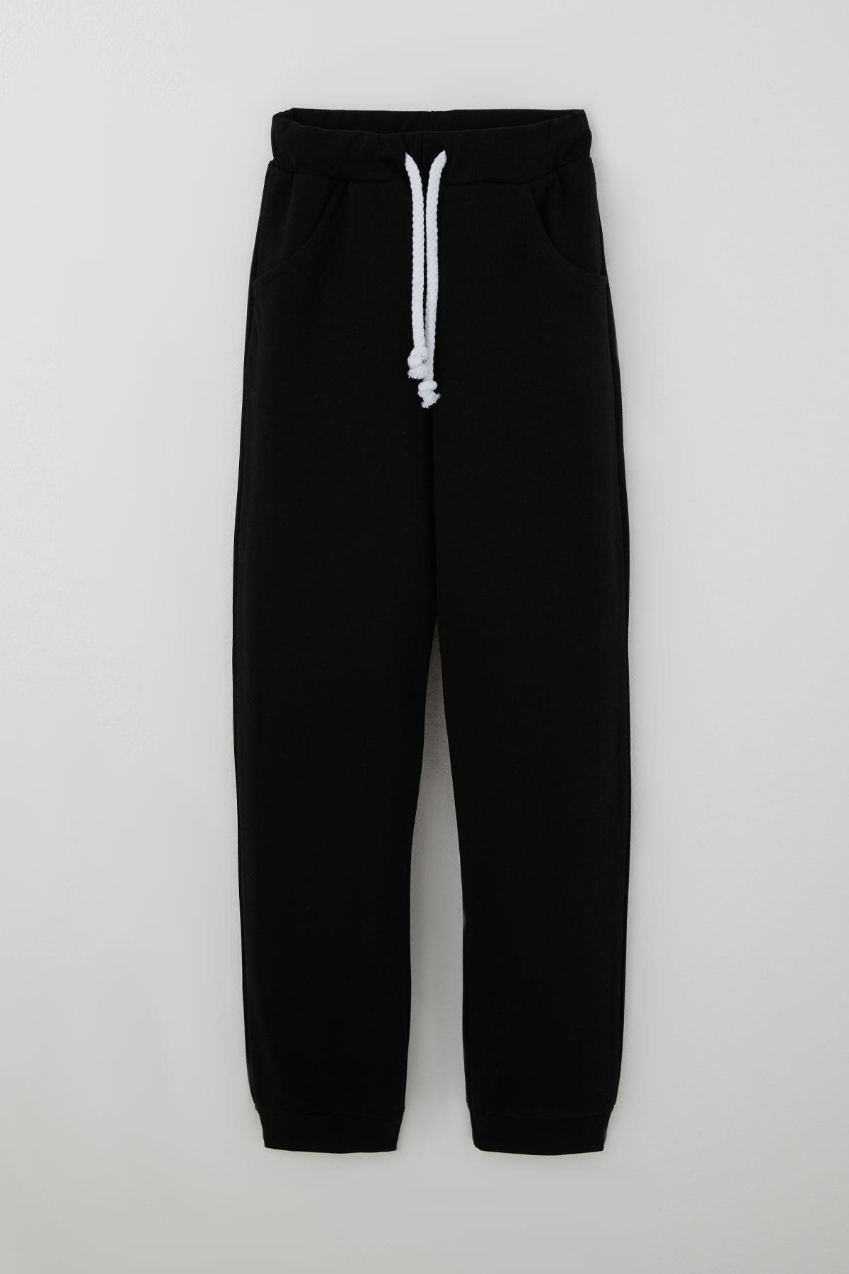 Breeze Çocuk Eşofman Altı Unisex Bağcıklı Cepli Düz Renk Siyah (10-14 Yaş)