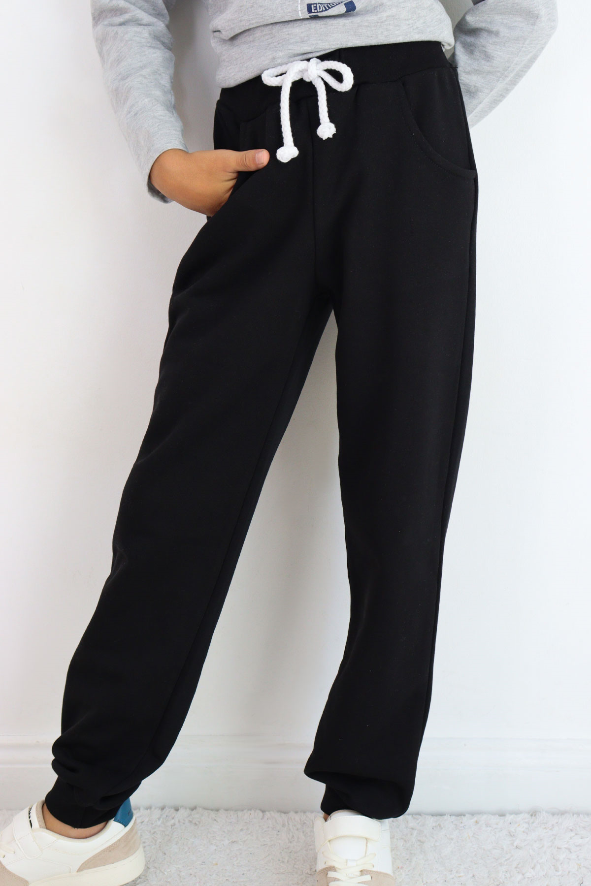 Breeze Çocuk Eşofman Altı Unisex Bağcıklı Cepli Düz Renk Siyah (10-14 Yaş)
