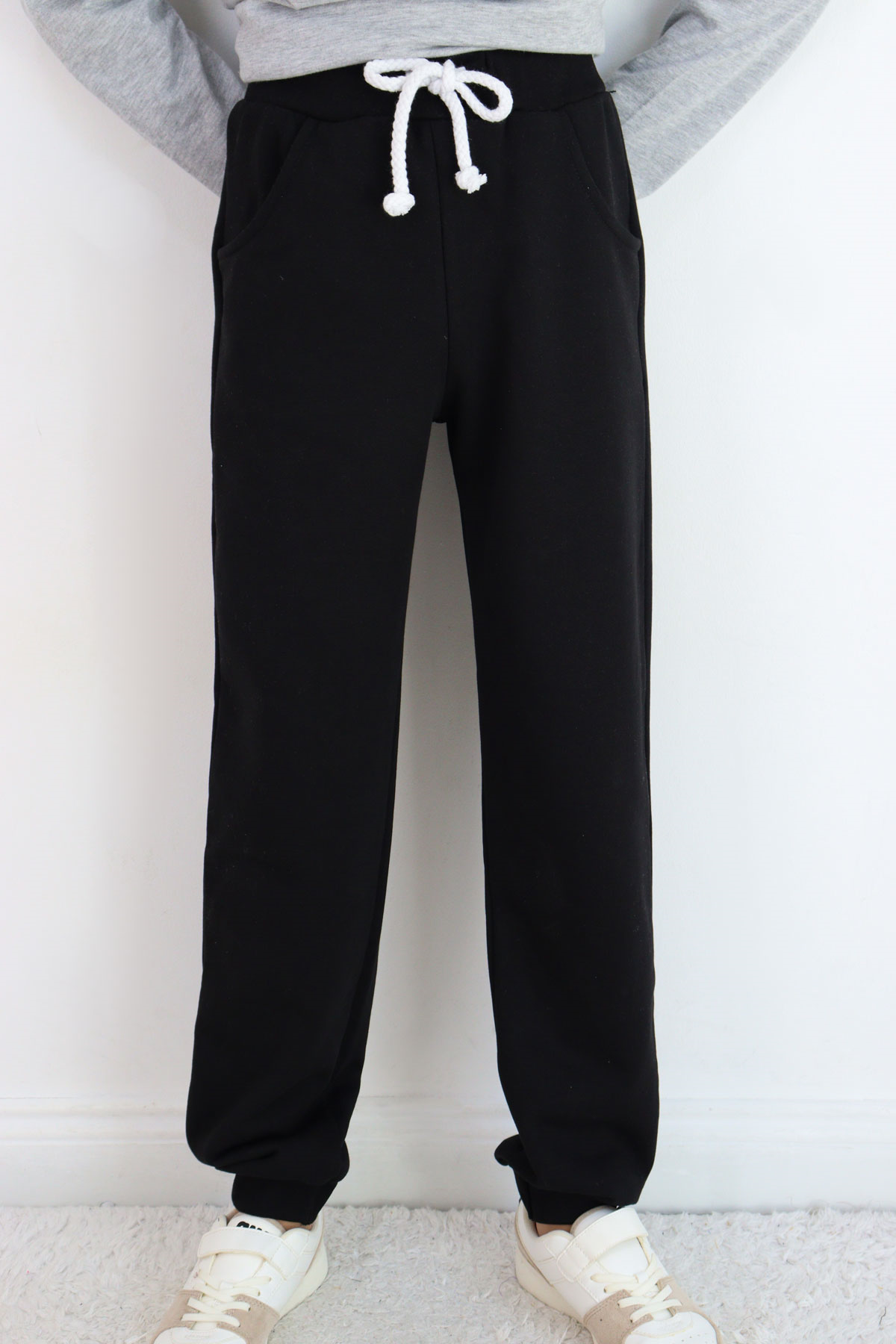 Breeze Çocuk Eşofman Altı Unisex Bağcıklı Cepli Düz Renk Siyah (10-14 Yaş)