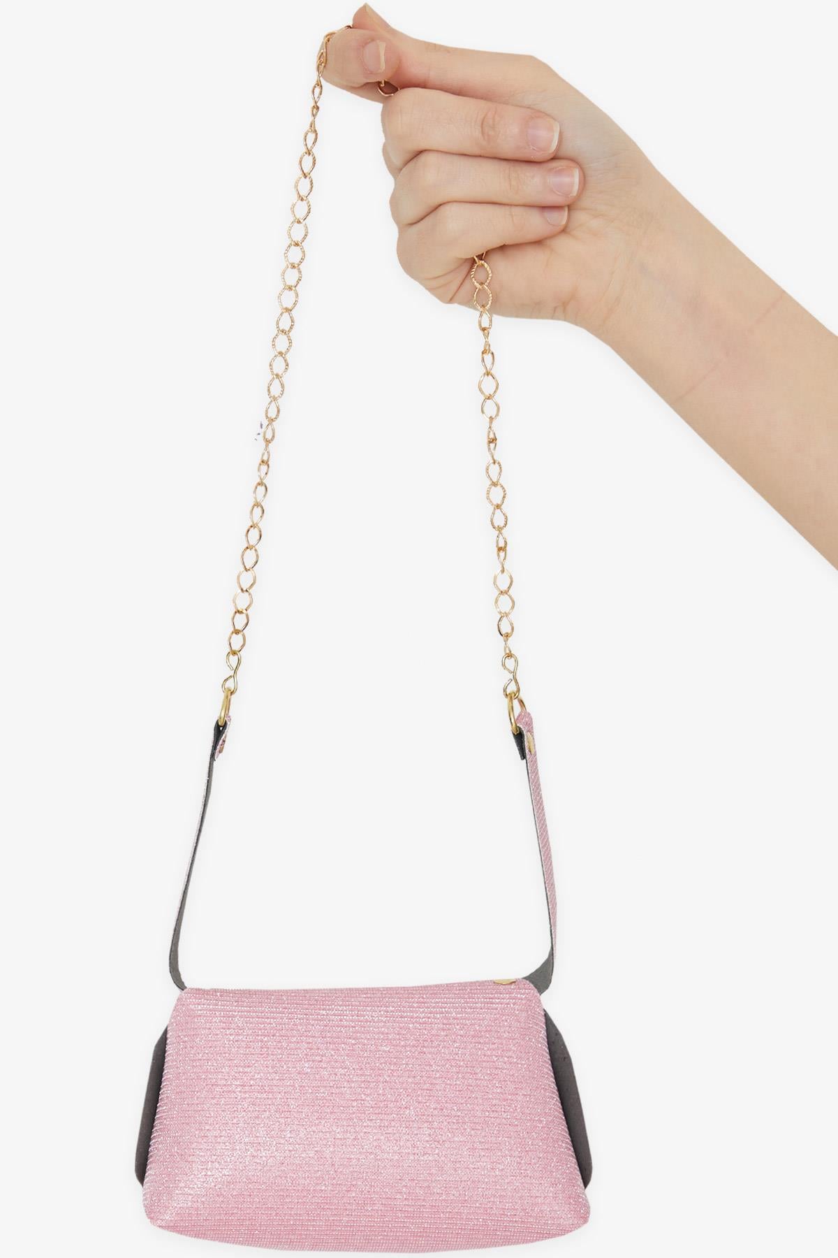 Breeze Çocuk Zincirli Simli Mini Omuz Çantası Pembe