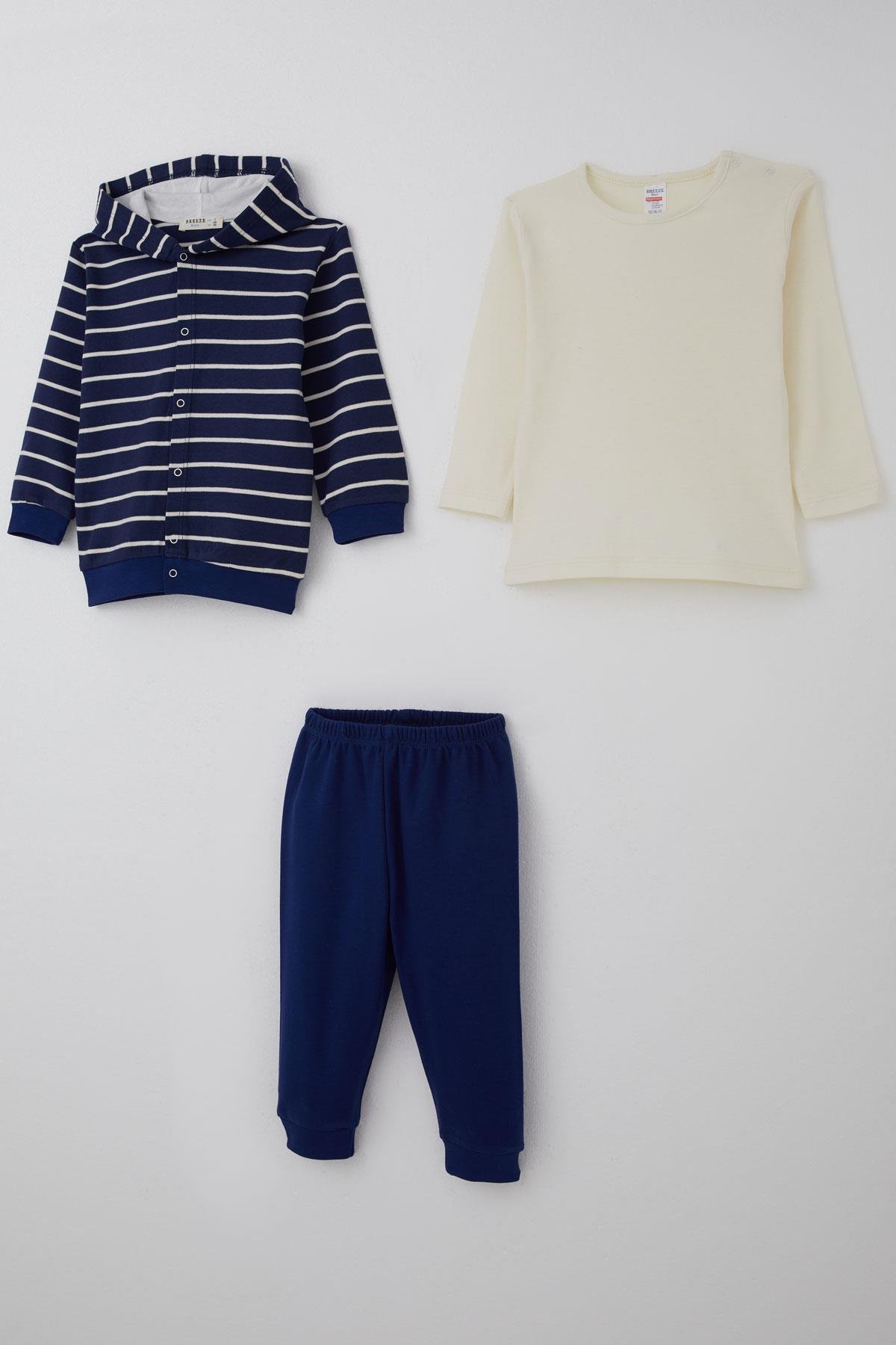 Breeze Erkek Bebek Bodyli 3 lü Takım Çizgili Çıtçıtlı Lacivert (4 Ay-1 Yaş)