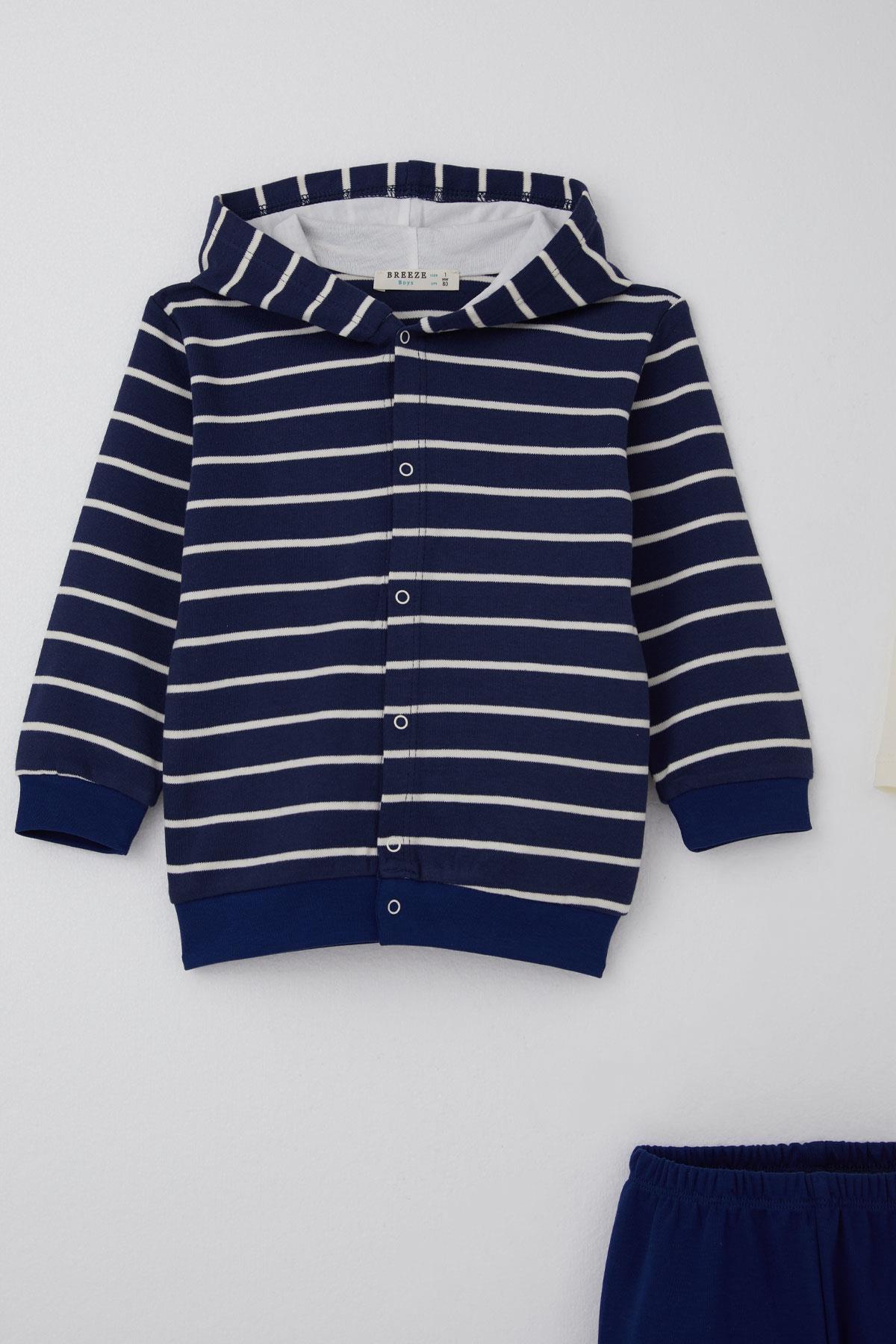 Breeze Erkek Bebek Bodyli 3 lü Takım Çizgili Çıtçıtlı Lacivert (4 Ay-1 Yaş)