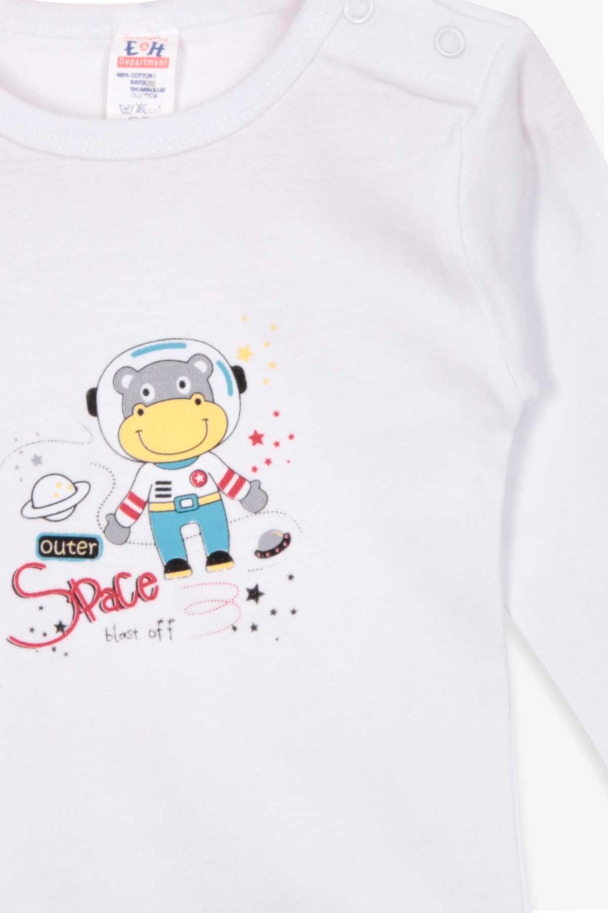 Breeze Erkek Bebek Çıtçıtlı Body Astronot Su Aygırı Baskılı Beyaz (9 Ay-3 Yaş)