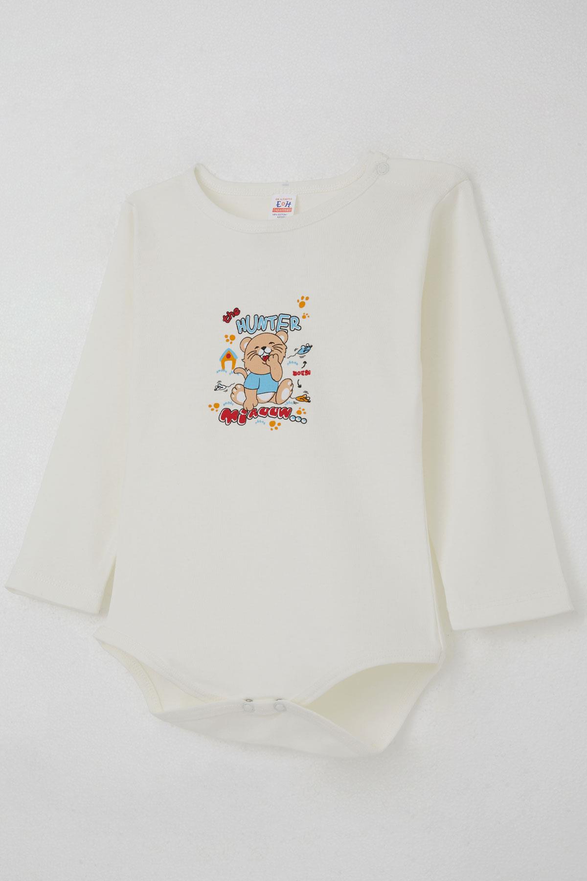 Breeze Erkek Bebek Çıtçıtlı Body Avcı Kedicik Baskılı Ekru (9 Ay-3 Yaş)