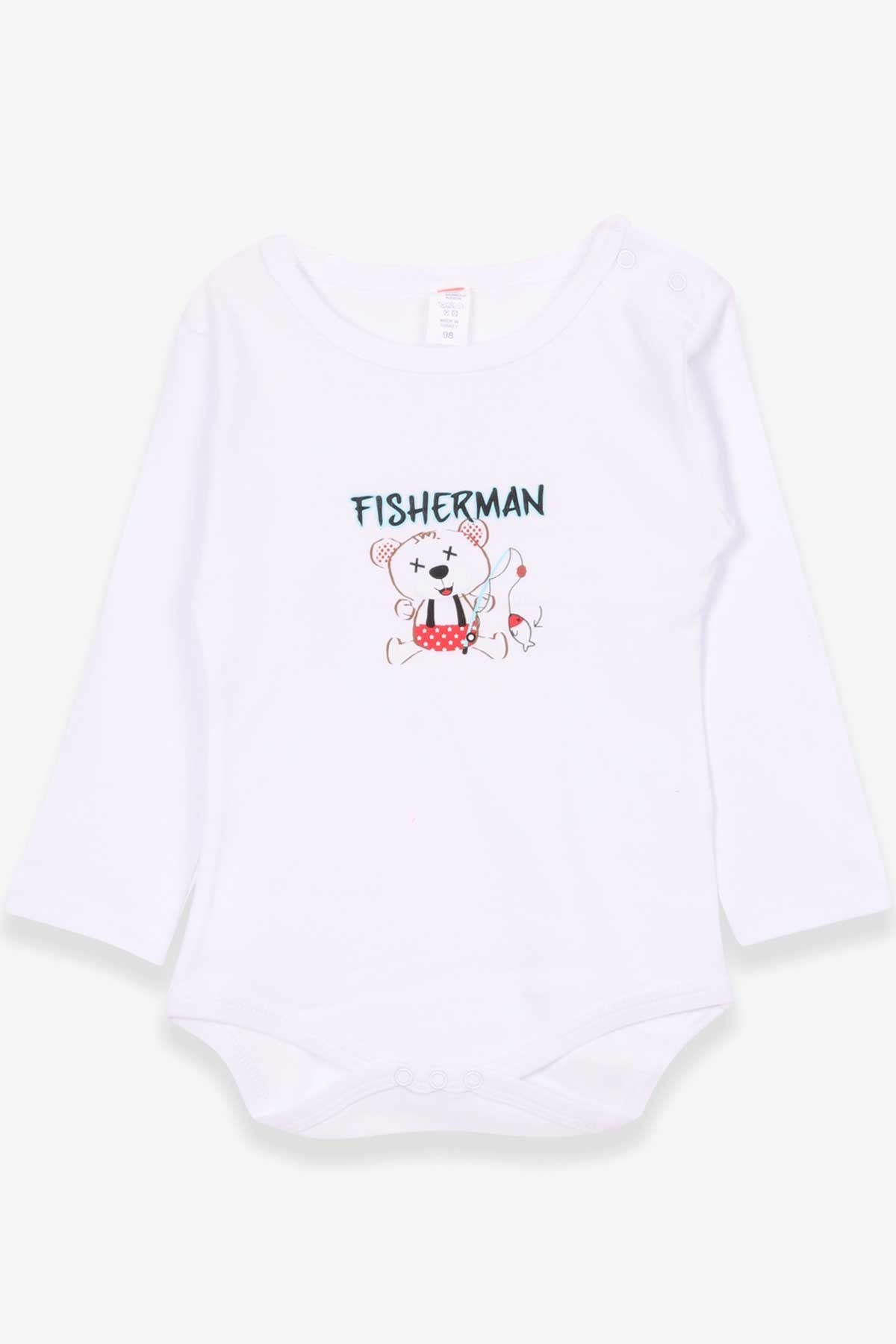 Breeze Erkek Bebek Çıtçıtlı Body Balıkçı Ayıcık Baskılı Beyaz (9 Ay-3 Yaş)