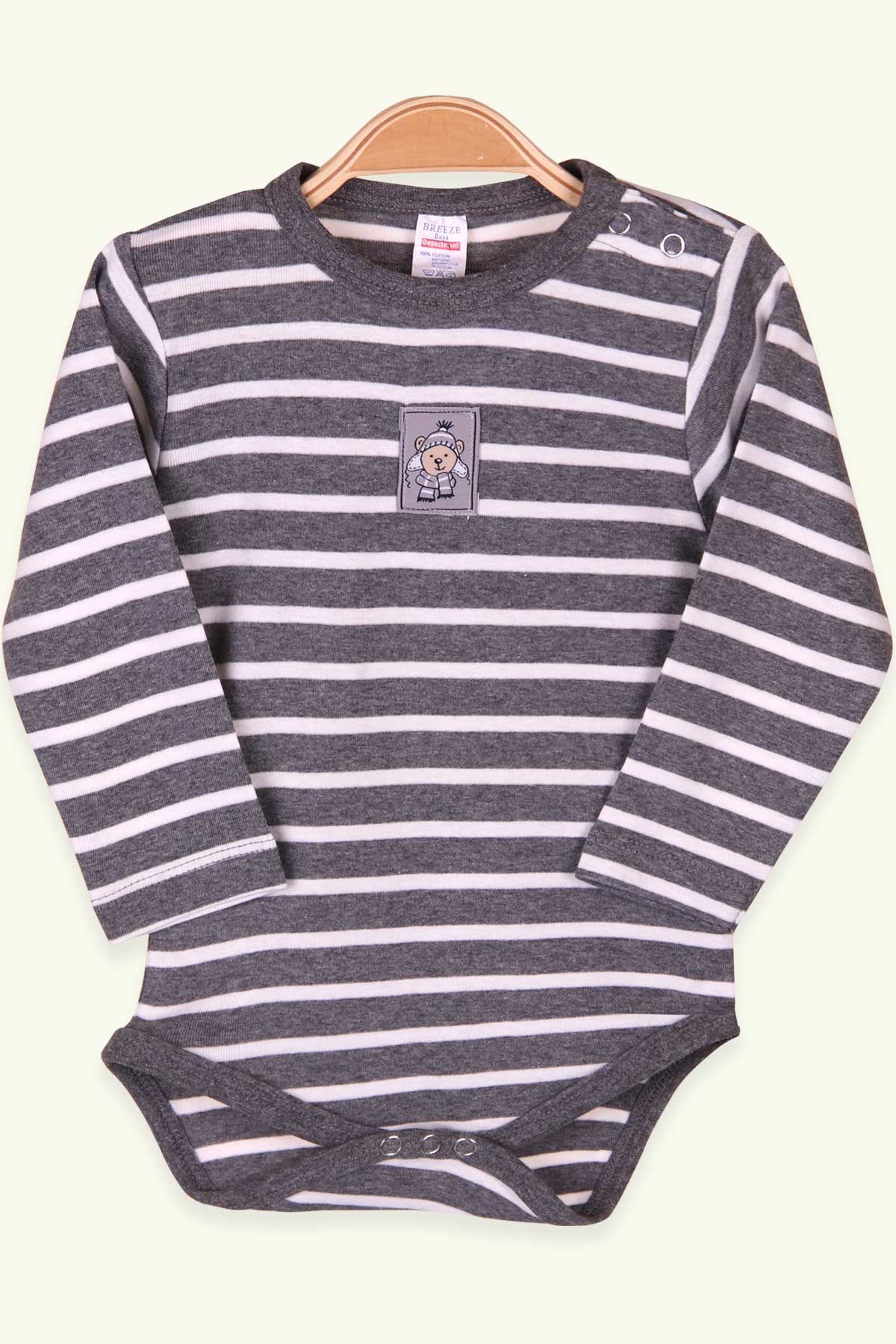 Breeze Erkek Bebek Çıtçıtlı Body Çizgili Füme (9 Ay-3 Yaş)