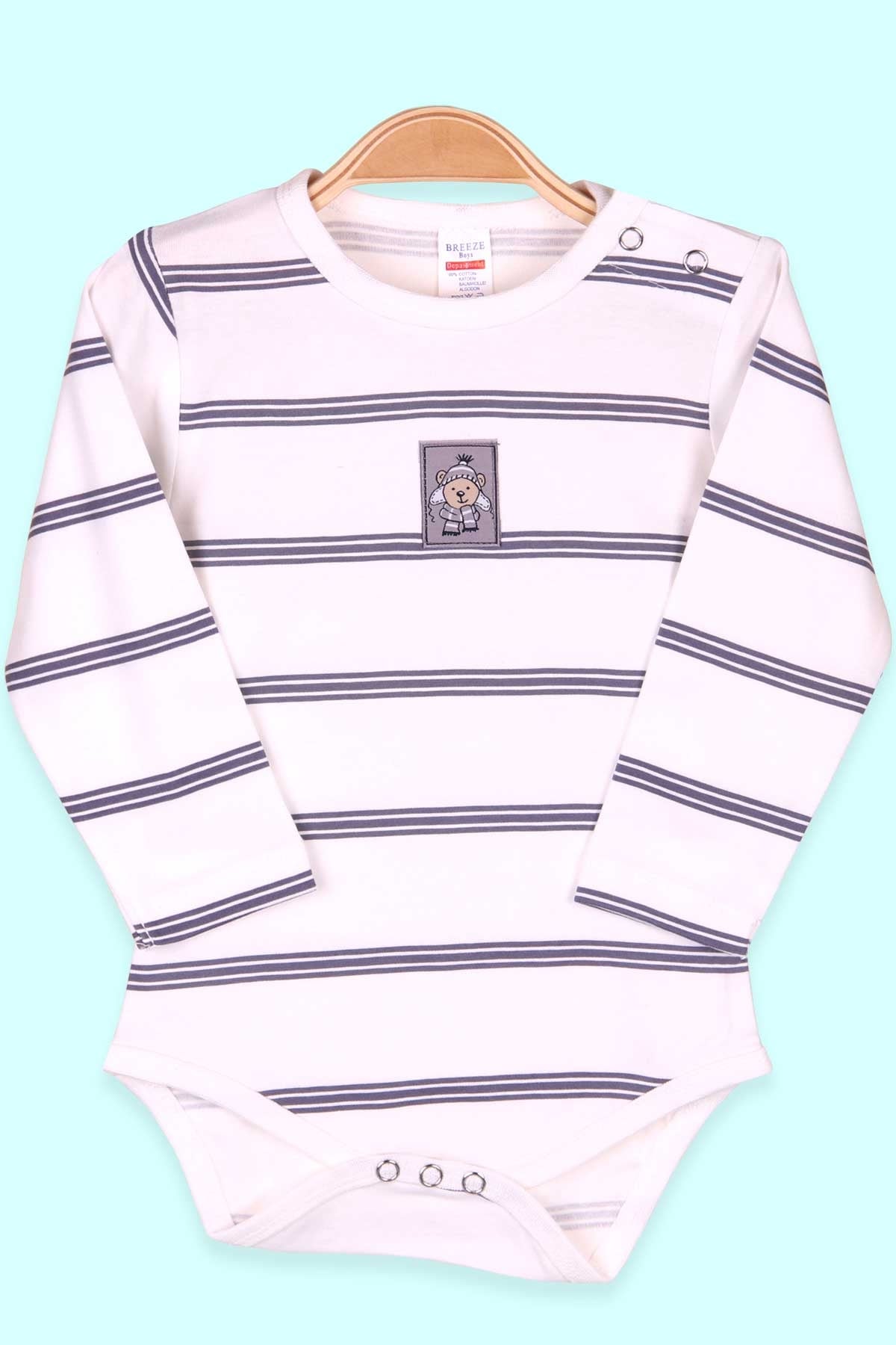 Breeze Erkek Bebek Çıtçıtlı Body Çizgili Beyaz (9 Ay-3 Yaş)