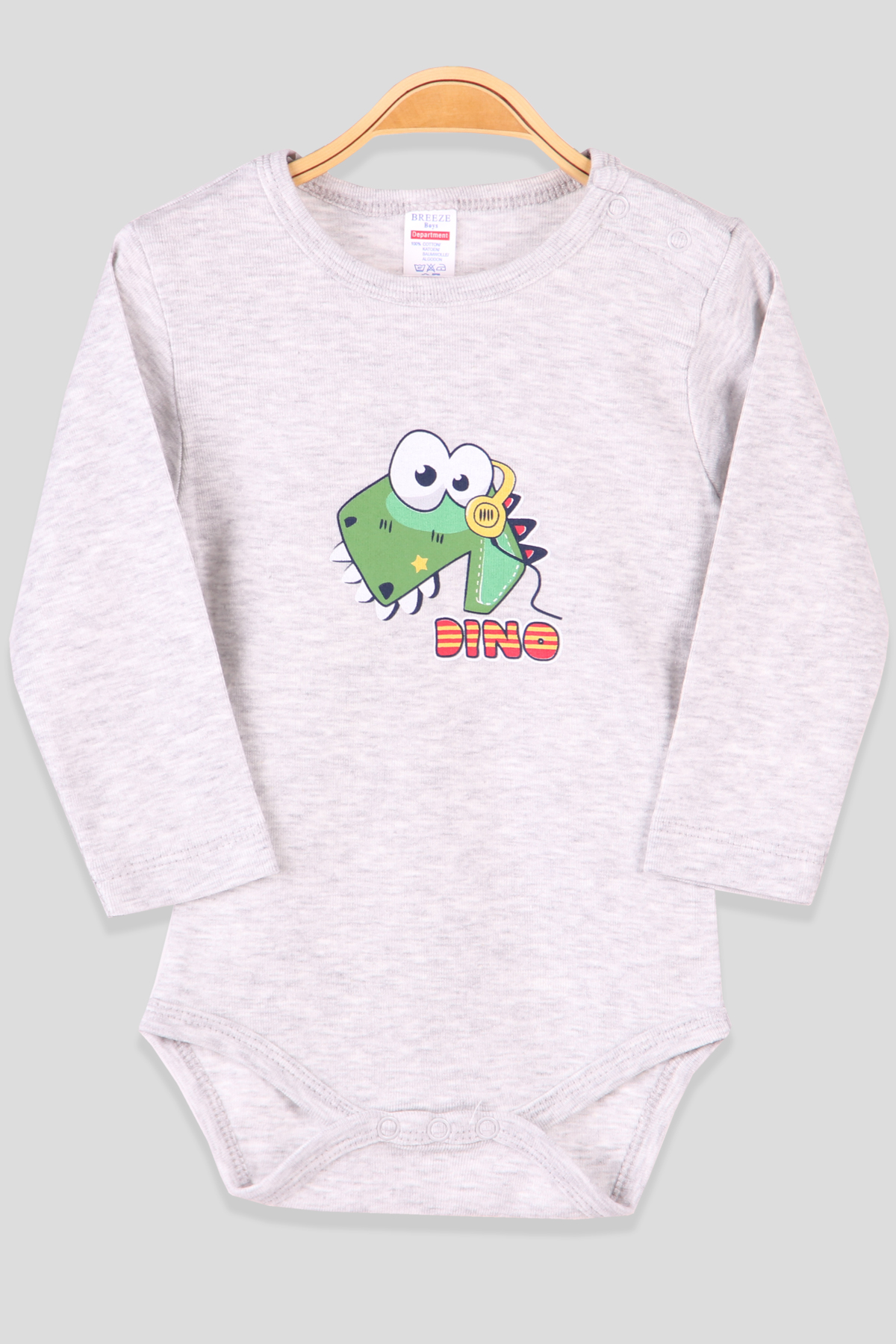 Breeze Erkek Bebek Çıtçıtlı Body Dinazorlu Gri (9 Ay-3 Yaş)