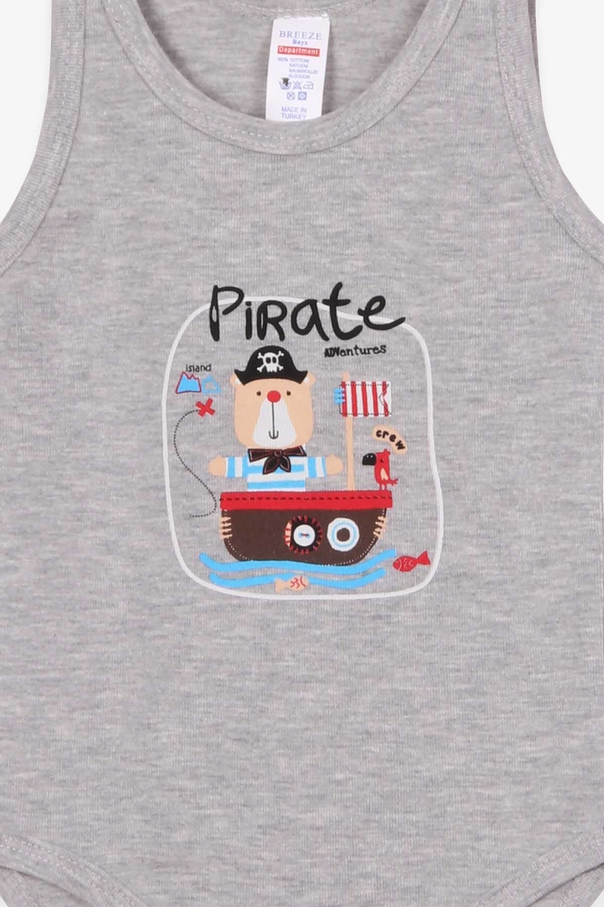 Breeze Erkek Bebek Çıtçıtlı Body Kaptan Ayıcık Baskılı Gri Melanj (9 Ay-3 Yaş)