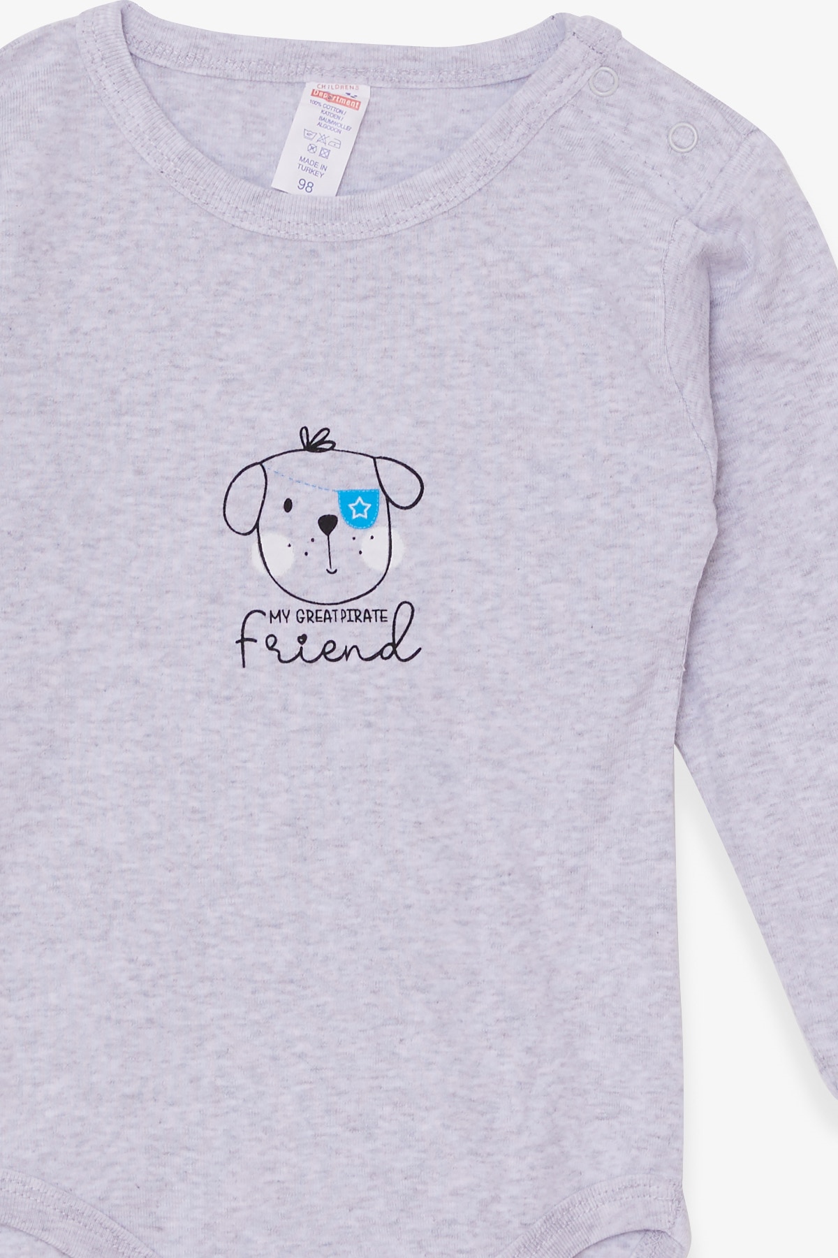 Breeze Erkek Bebek Çıtçıtlı Body Korsan Köpekçik Baskılı Açık Gri Melanj (9 Ay-3 Yaş)