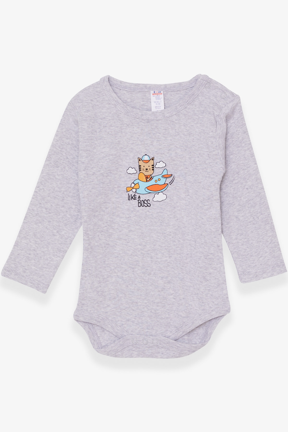 Breeze Erkek Bebek Çıtçıtlı Body Pilot Kedicik Baskılı Açık Gri Melanj (9 Ay-3 Yaş)