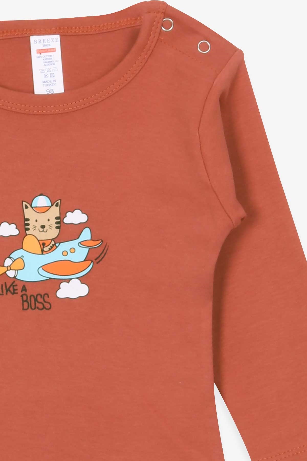 Breeze Erkek Bebek Çıtçıtlı Body Pilot Kedicik Baskılı Kiremit (9 Ay-3 Yaş)