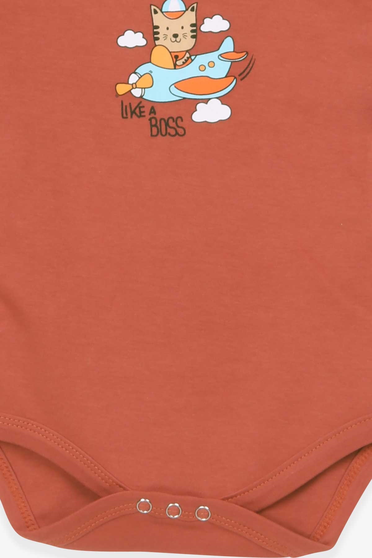 Breeze Erkek Bebek Çıtçıtlı Body Pilot Kedicik Baskılı Kiremit (9 Ay-3 Yaş)