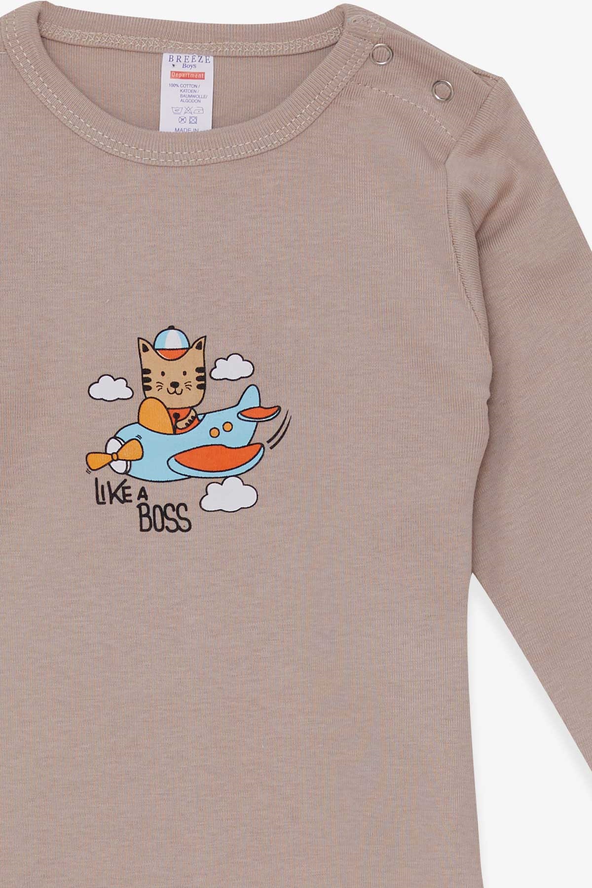 Breeze Erkek Bebek Çıtçıtlı Body Pilot Kedicik Baskılı Vizon (9 Ay-3 Yaş)