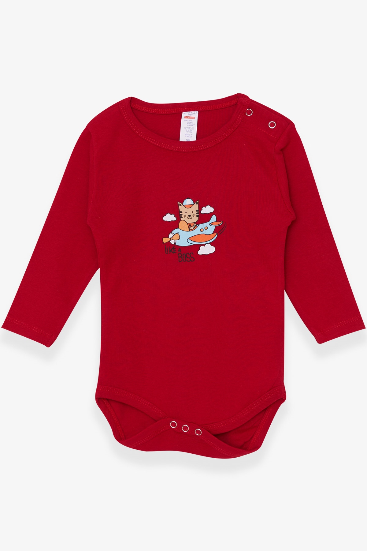 Breeze Erkek Bebek Çıtçıtlı Body Pilot Kedicik Baskılı Kırmızı (9 Ay-3 Yaş)