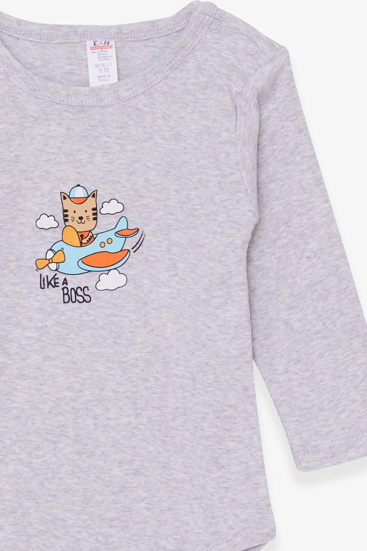 Breeze Erkek Bebek Çıtçıtlı Body Pilot Kedicik Baskılı Açık Gri Melanj (9 Ay-3 Yaş)