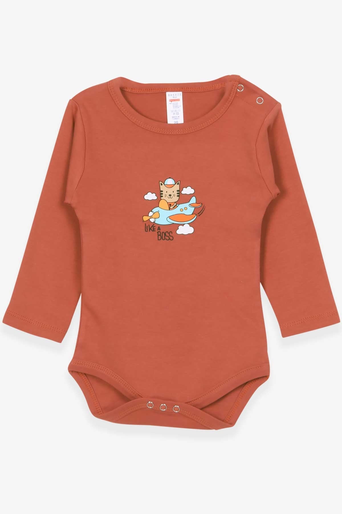Breeze Erkek Bebek Çıtçıtlı Body Pilot Kedicik Baskılı Kiremit (9 Ay-3 Yaş)