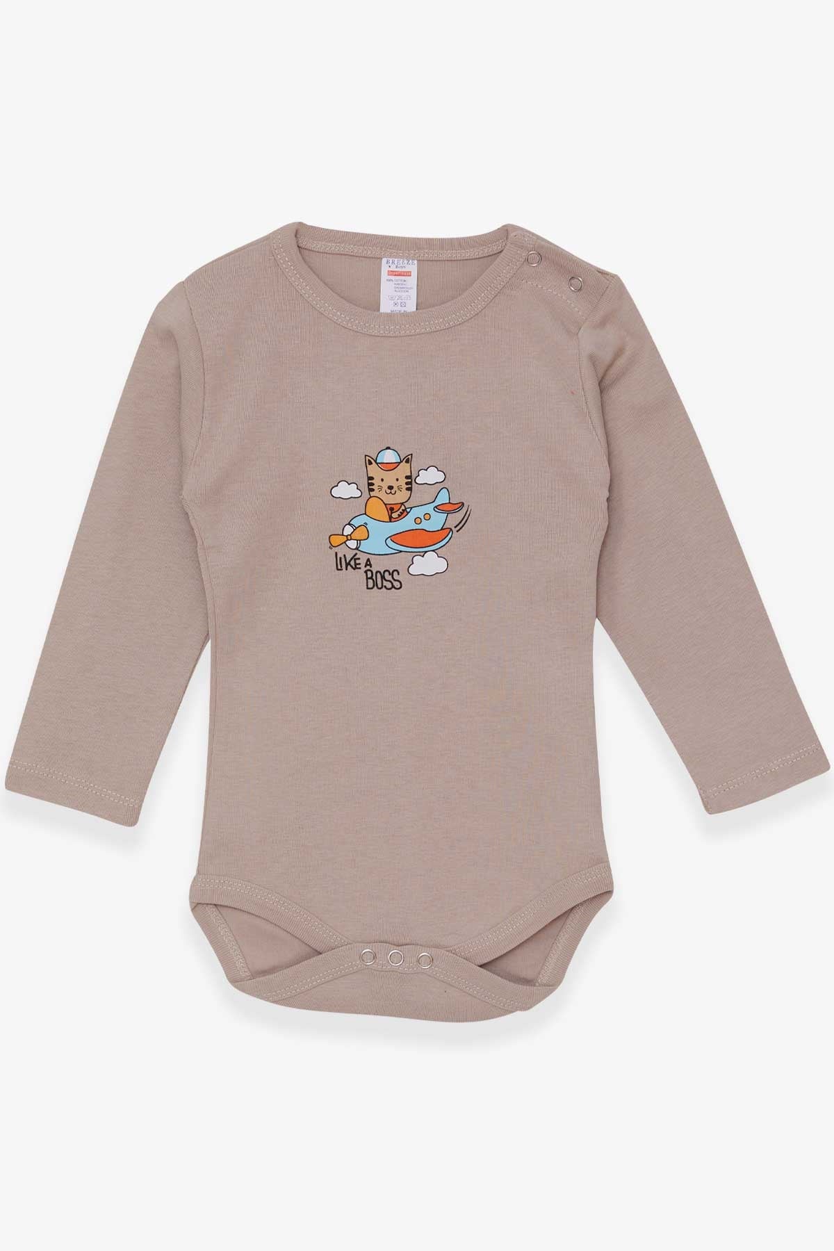 Breeze Erkek Bebek Çıtçıtlı Body Pilot Kedicik Baskılı Vizon (9 Ay-3 Yaş)