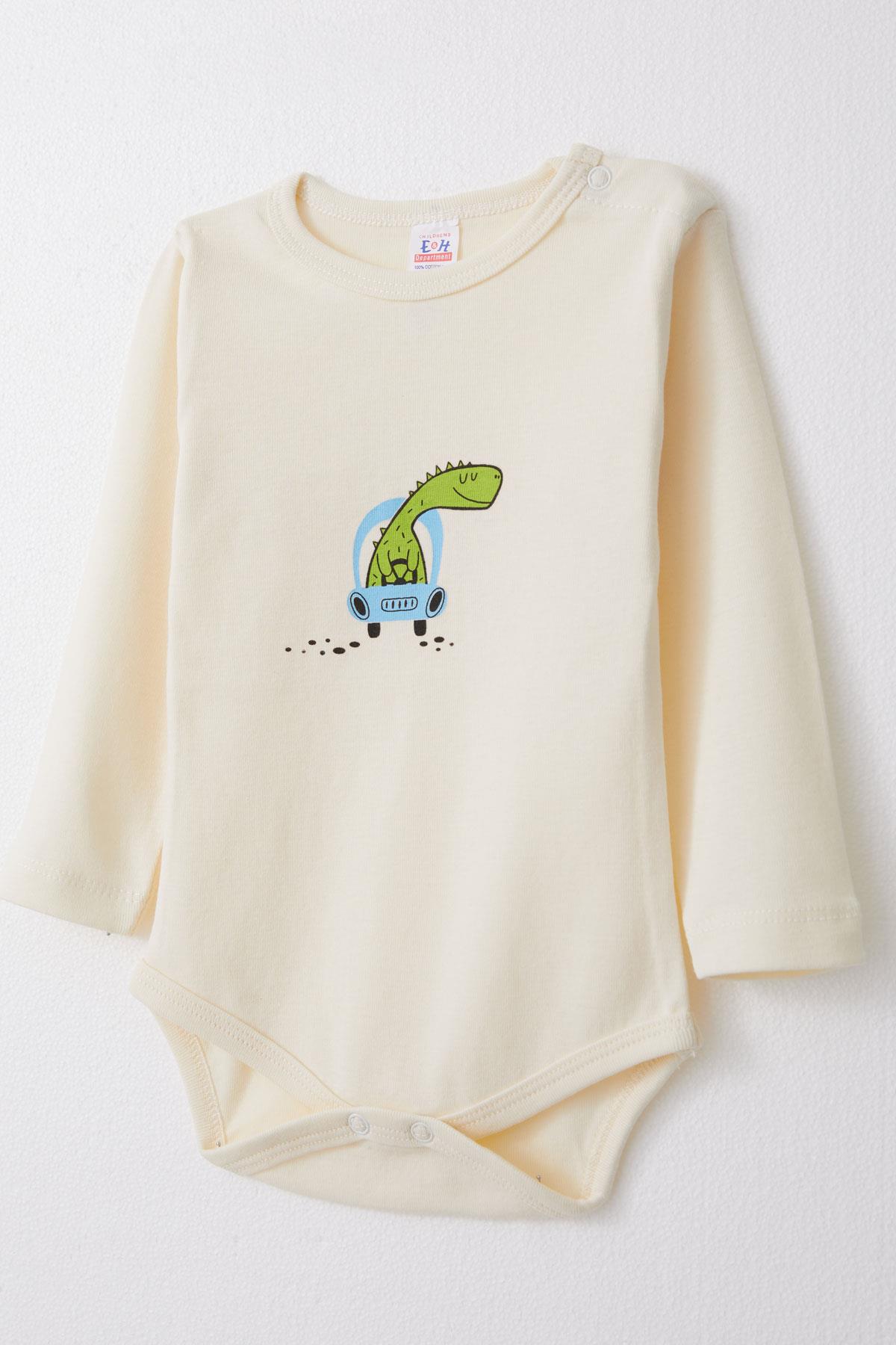 Breeze Erkek Bebek Çıtçıtlı Body Sevimli Dinozor Baskılı Krem (9 Ay-1.5 Yaş)