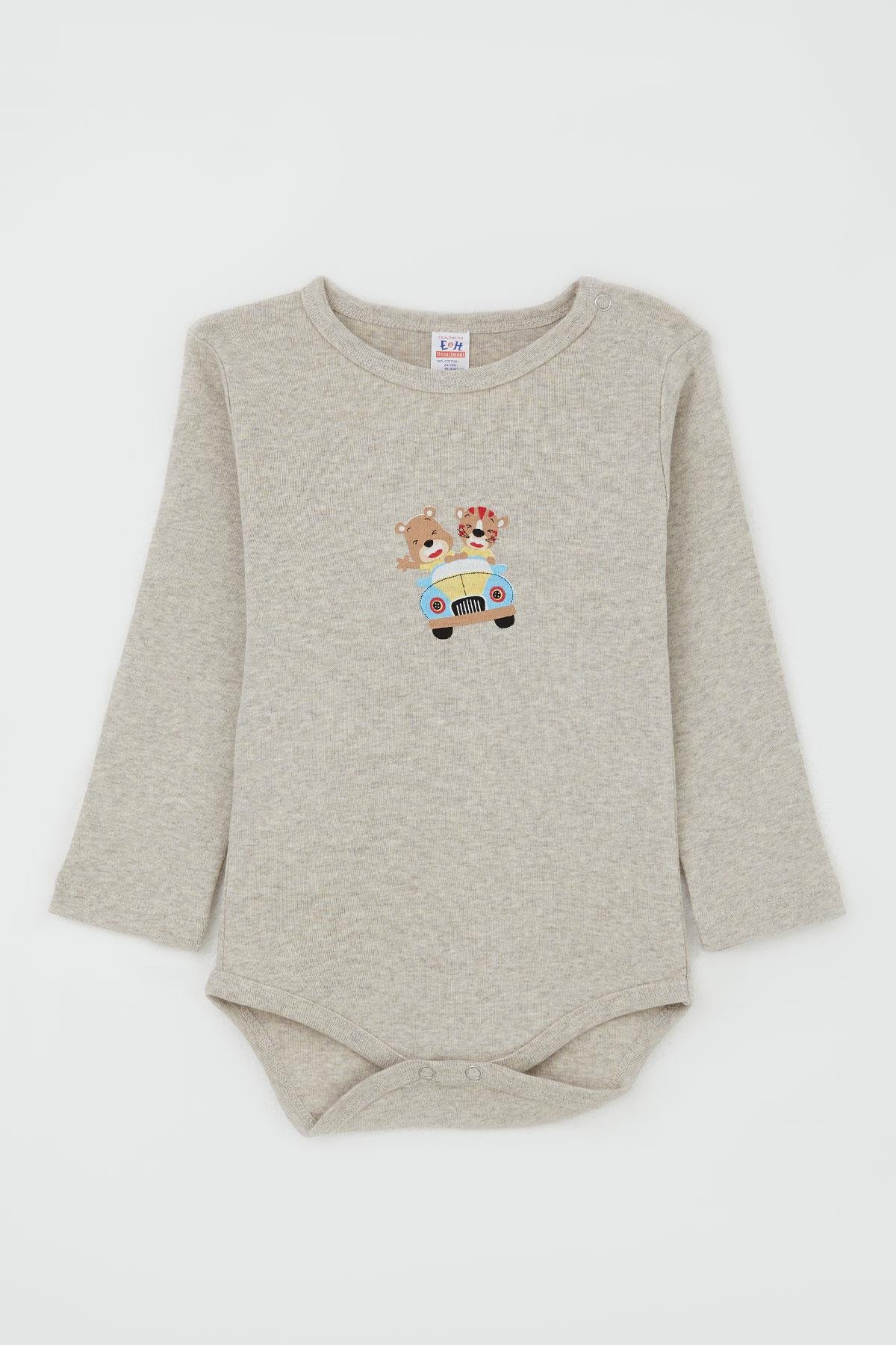 Breeze Erkek Bebek Çıtçıtlı Body Şoför Hayvancık Baskılı Bej Melanj (9 Ay-3 Yaş)