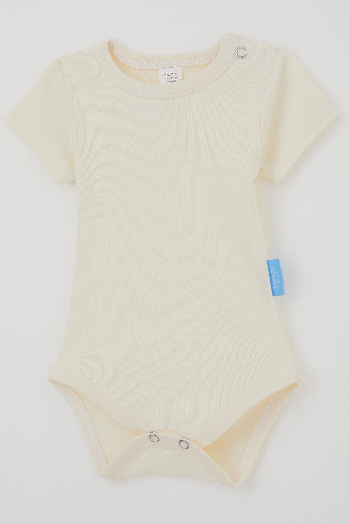 Breeze Erkek Bebek Çıtçıtlı Kısa Kollu Zıbın Body Basic Krem (0-9 Ay)