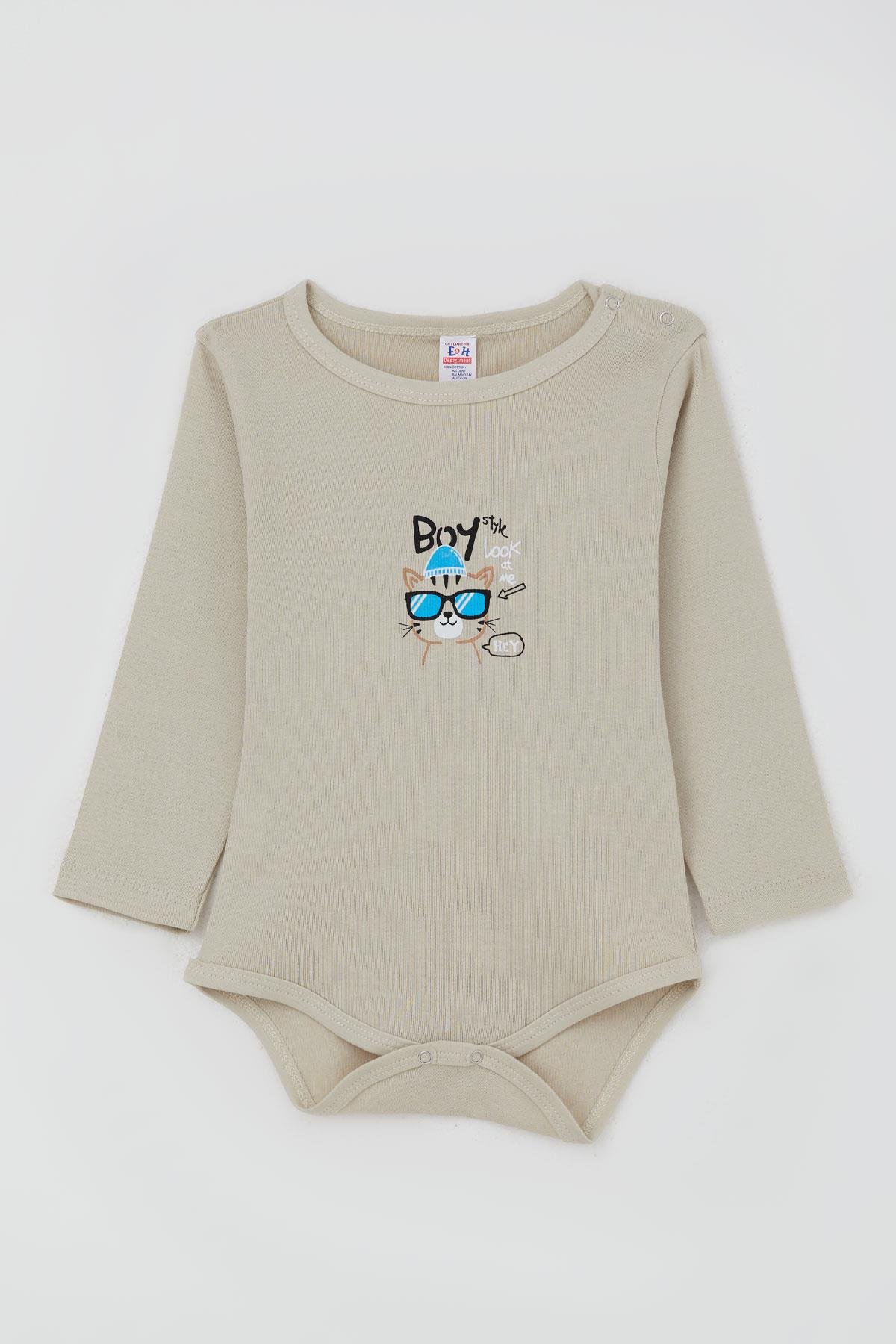 Breeze Erkek Bebek Çıtçıtlı Zıbın Body Gözlüklü Kedicik Baskılı Taş (9 Ay-3 Yaş)