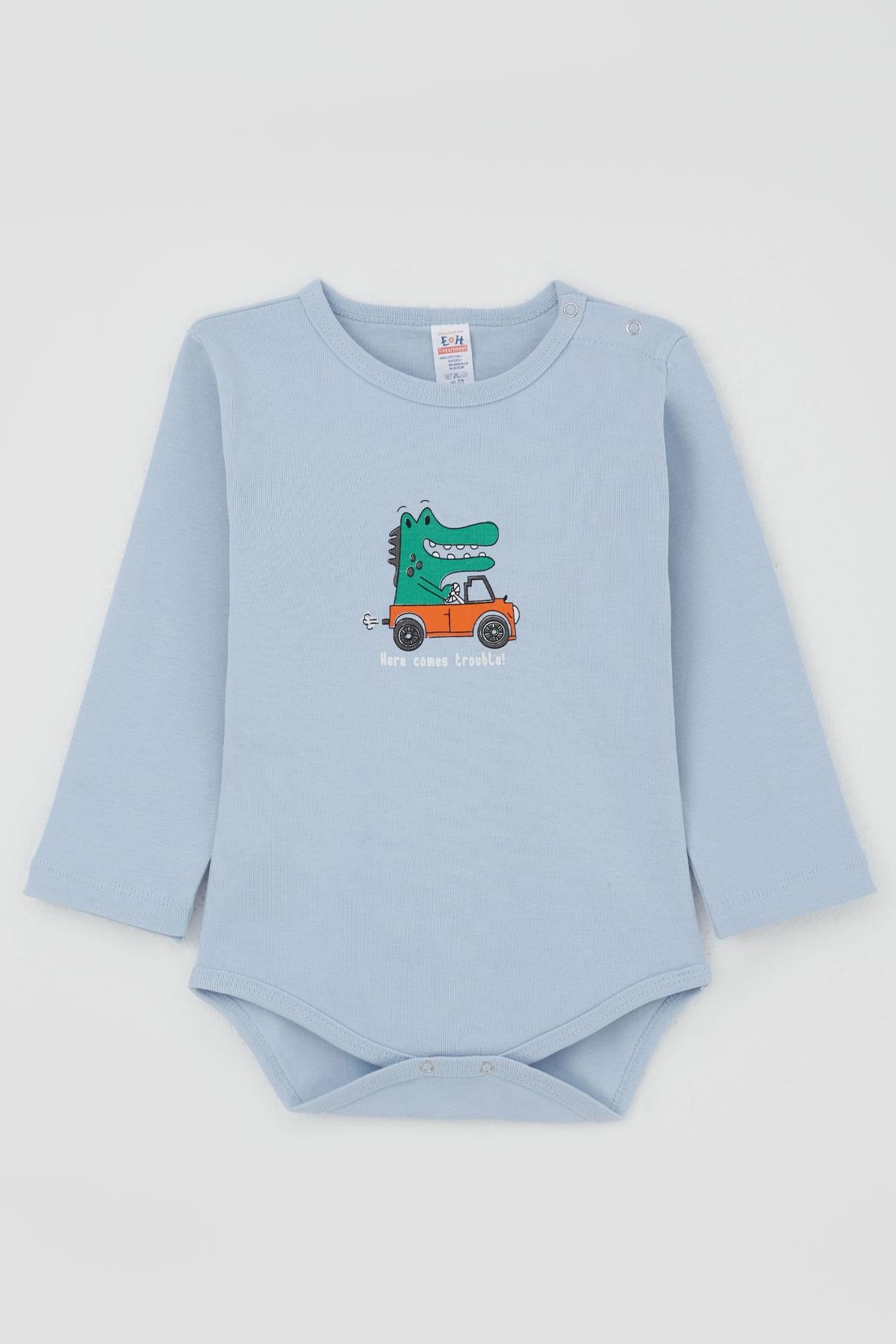 Breeze Erkek Bebek Çıtçıtlı Zıbın Body Şoför Timsahcık Baskılı Açık Mavi (9 Ay-3 Yaş)