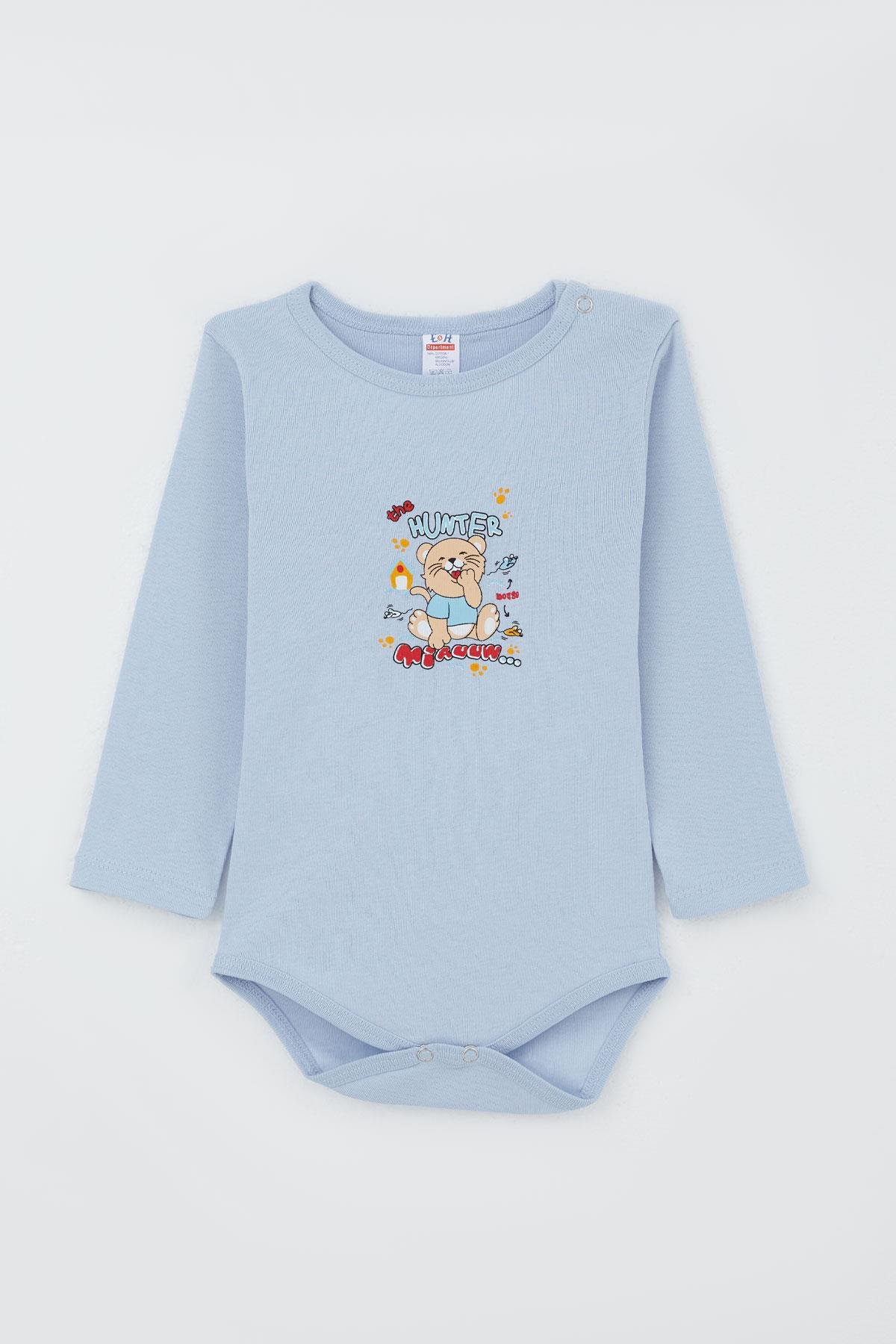 Breeze Erkek Bebek Çıtçıtlı Zıbın Body Avcı Kedicik Baskılı Açık Mavi (9 Ay-3 Yaş)