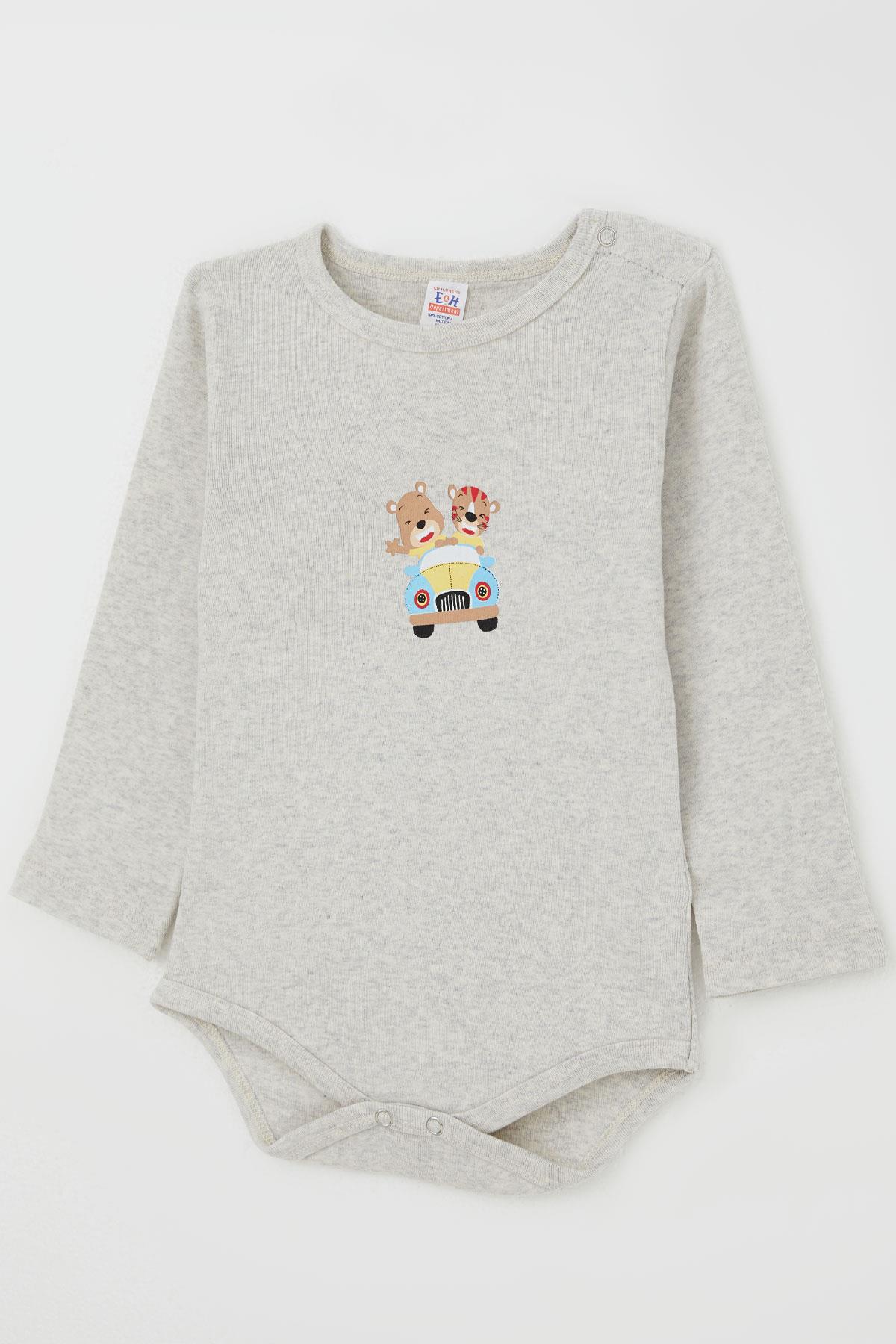 Breeze Erkek Bebek Çıtçıtlı Zıbın Body Şoför Hayvancık Baskılı Açık Gri Melanj (9 Ay-3 Yaş)