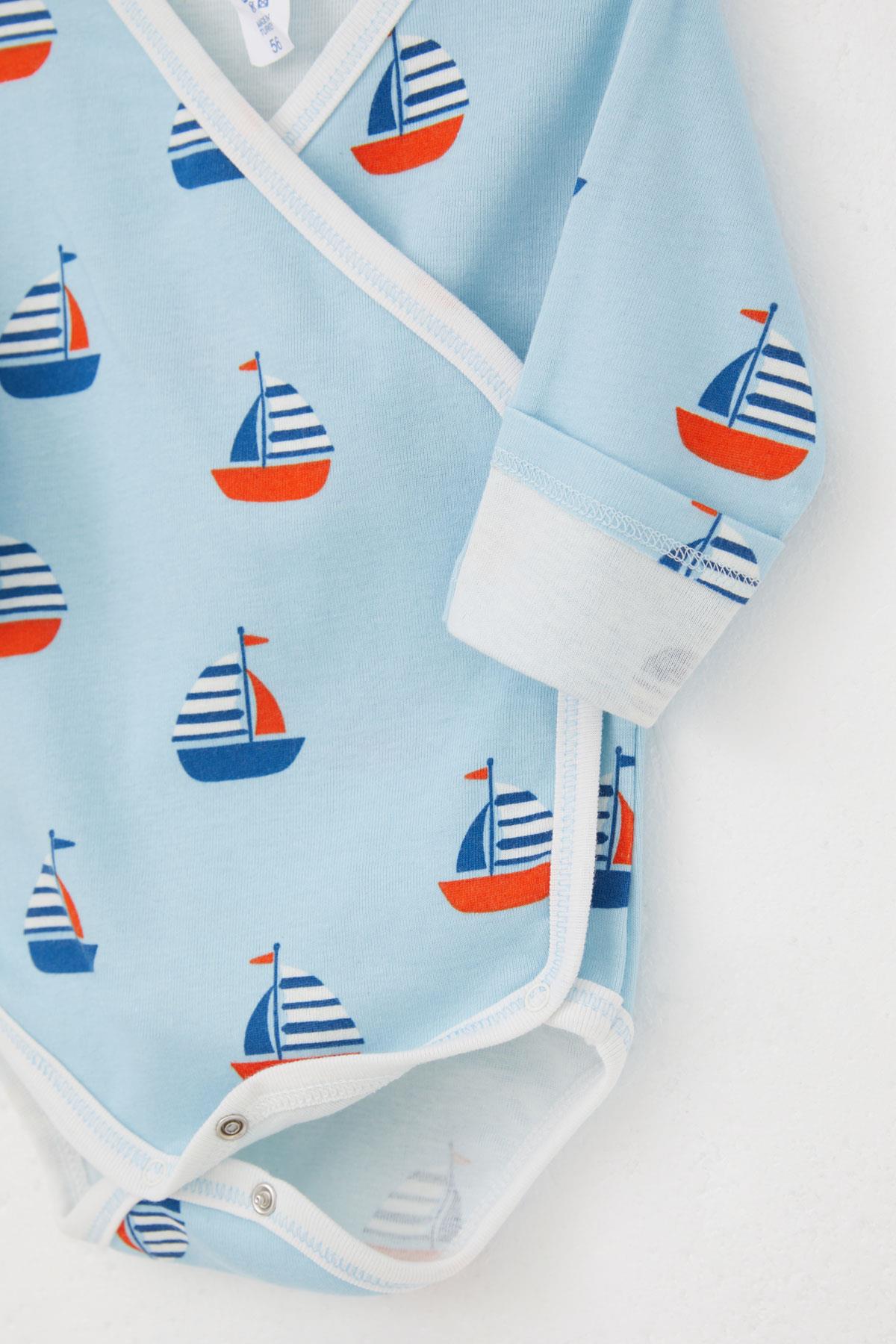 Breeze Erkek Bebek Çıtçıtlı Zıbın Body 3 lü Yelken Desenli Kendinden Eldivenli Açık Mavi (0-3 Ay)