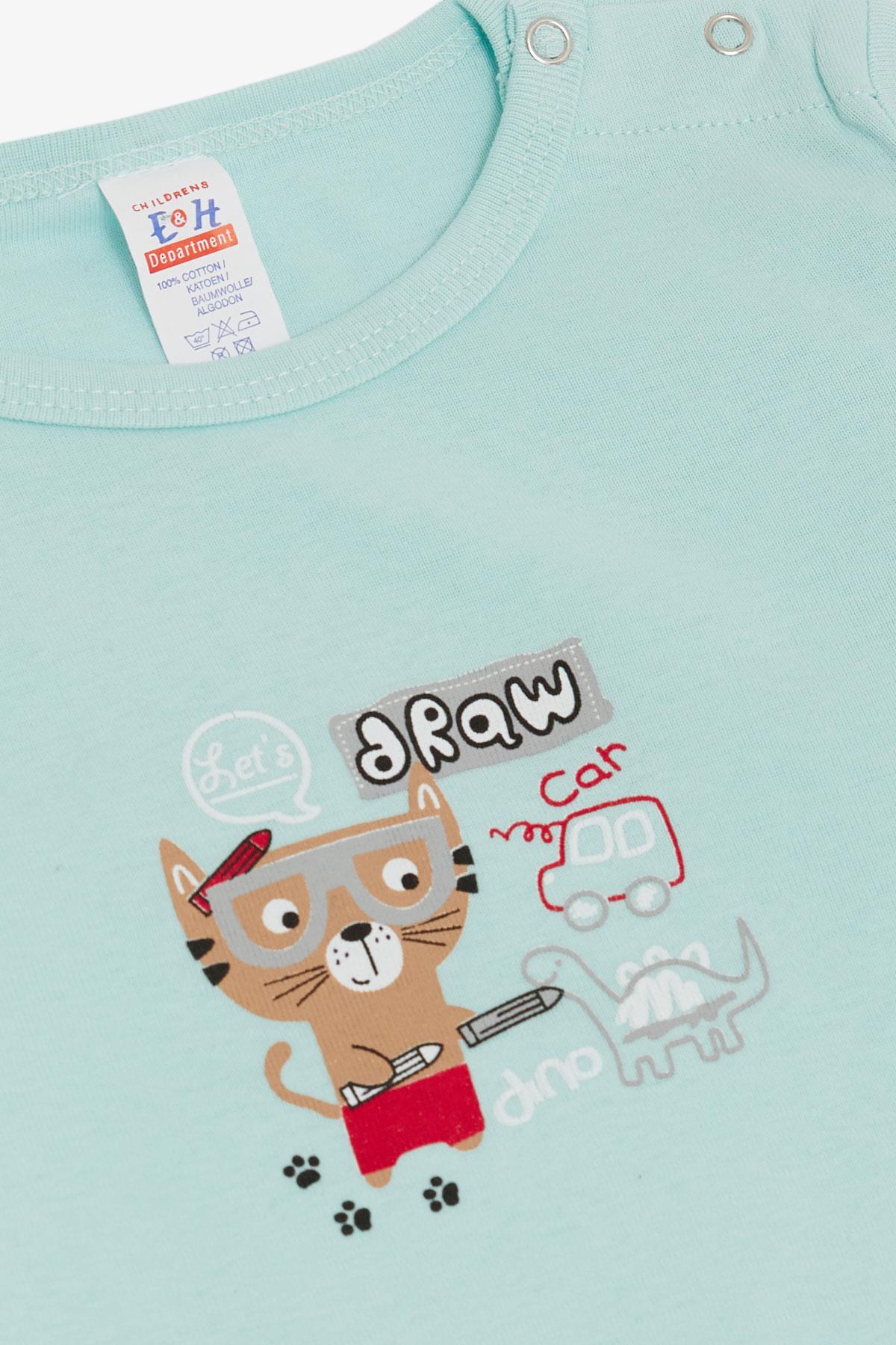 Breeze Erkek Bebek Çıtçıtlı Zıbın Body Ressam Kedicik Baskılı Su Yeşili (9 Ay-3 Yaş)