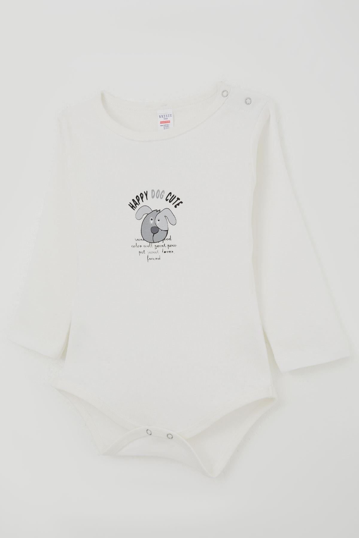 Breeze Erkek Bebek Çıtçıtlı Zıbın Body Sevimli Köpekçik Baskılı Ekru (9 Ay-3 Yaş)