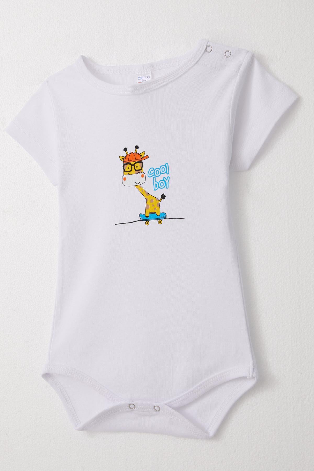 Breeze Erkek Bebek Çıtçıtlı Zıbın Body Sevimli Kaykaycı Zürafa Baskılı Beyaz (9 Ay-3 Yaş)