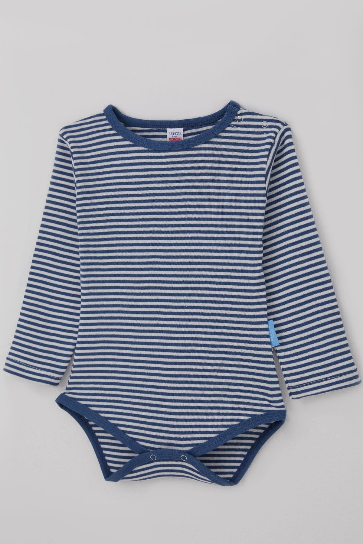 Breeze  Erkek Bebek Çıtçıtlı Zıbın Body Çizgili İndigo (9 Ay-3 Yaş)
