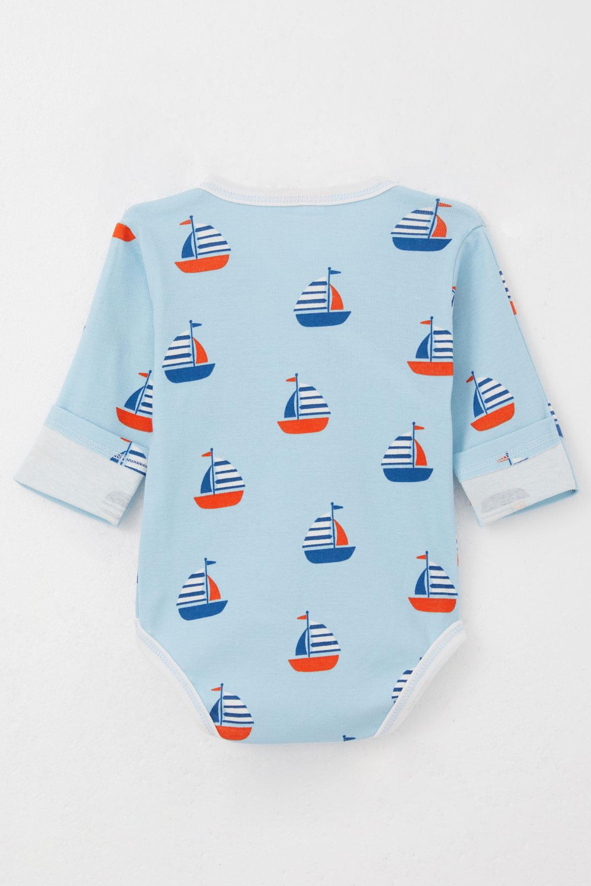 Breeze Erkek Bebek Çıtçıtlı Zıbın Body 3 lü Yelken Desenli Kendinden Eldivenli Açık Mavi (0-3 Ay)