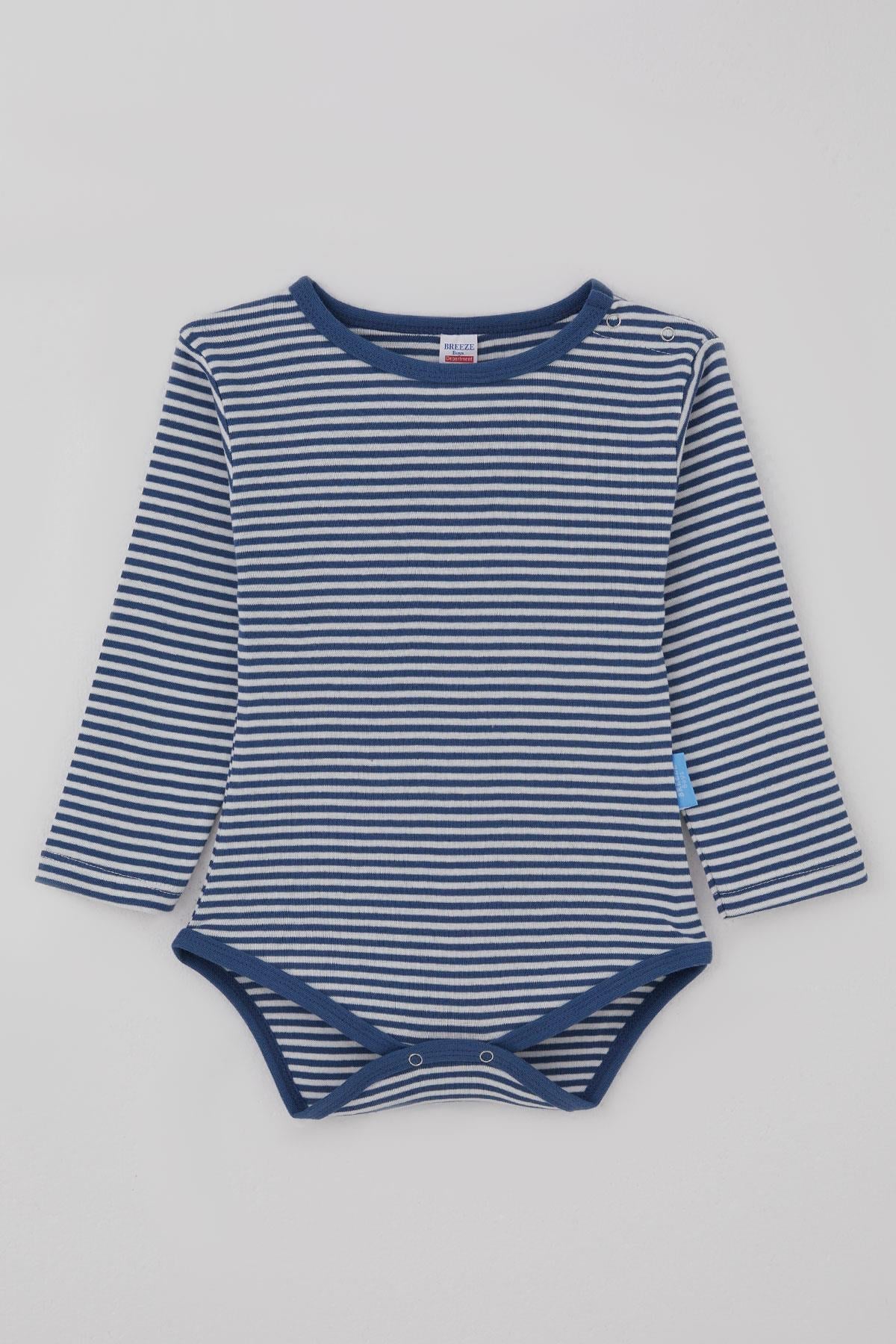 Breeze  Erkek Bebek Çıtçıtlı Zıbın Body Çizgili İndigo (9 Ay-3 Yaş)