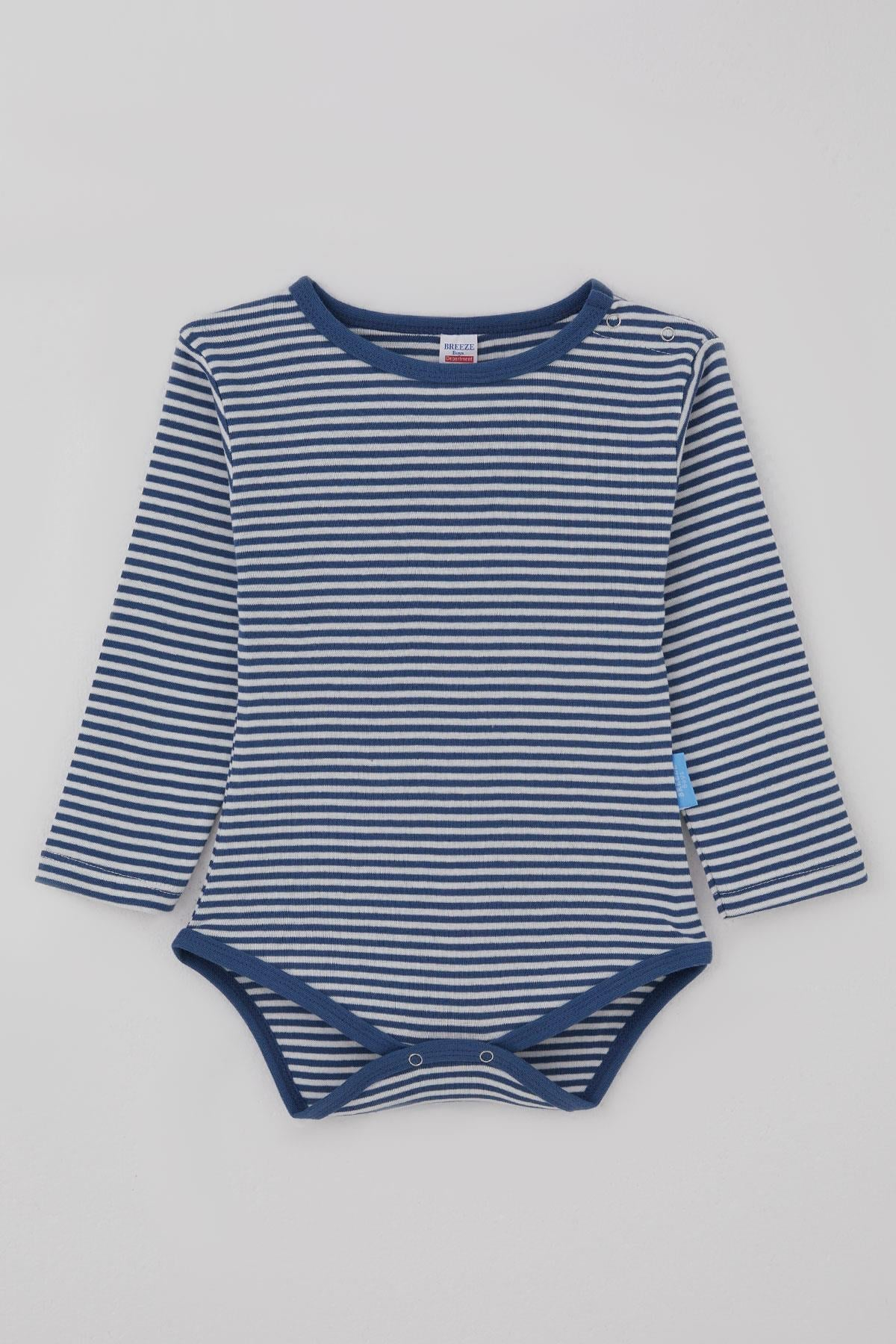 Breeze  Erkek Bebek Çıtçıtlı Zıbın Body Çizgili İndigo (9 Ay-3 Yaş)