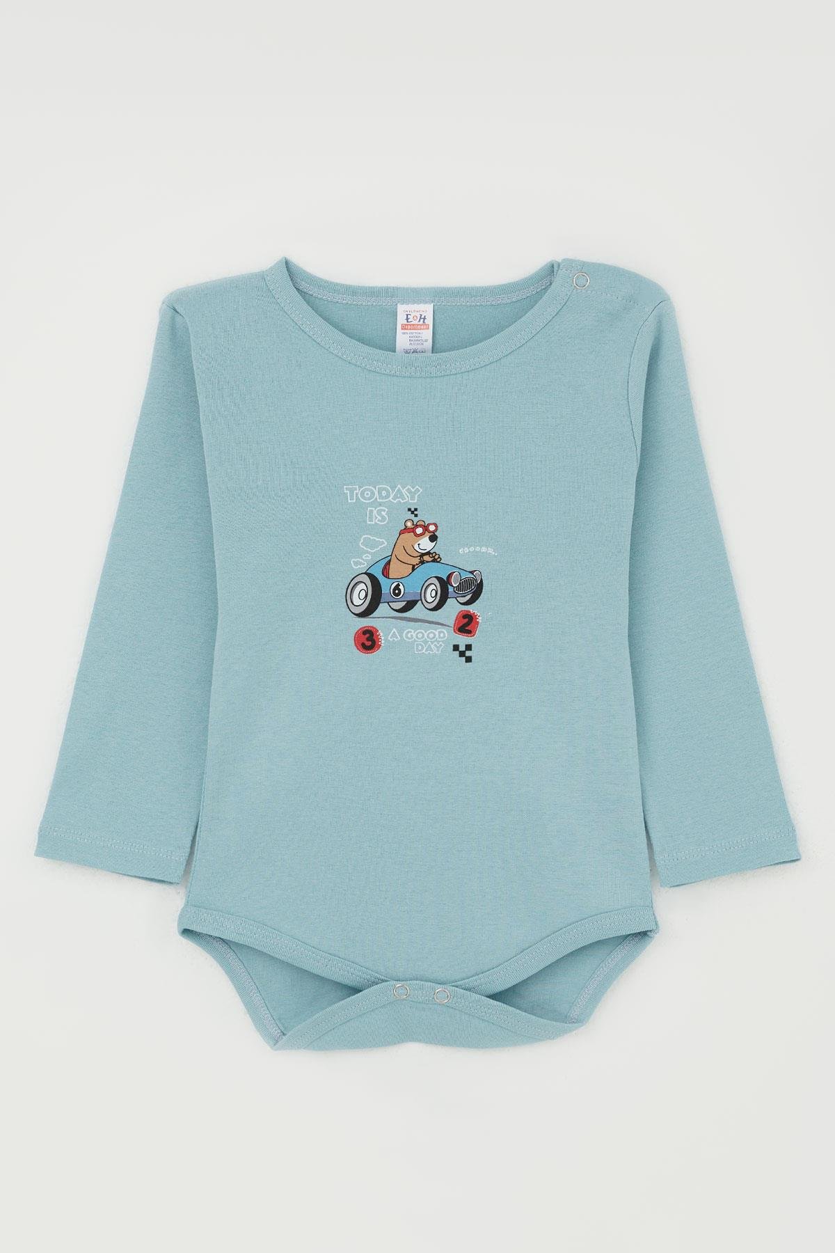 Breeze Erkek Bebek Çıtçıtlı Zıbın Body Havalı Ayıcık Baskılı Petrol Mavisi (9 Ay-3 Yaş)