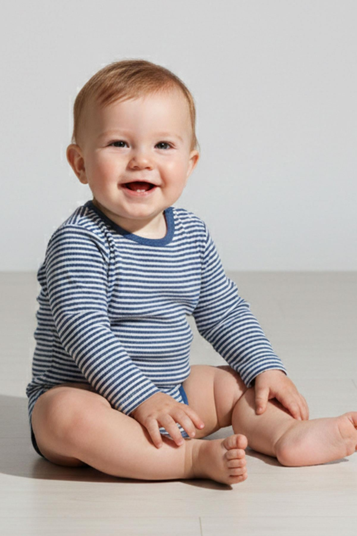 Breeze  Erkek Bebek Çıtçıtlı Zıbın Body Çizgili İndigo (9 Ay-3 Yaş)