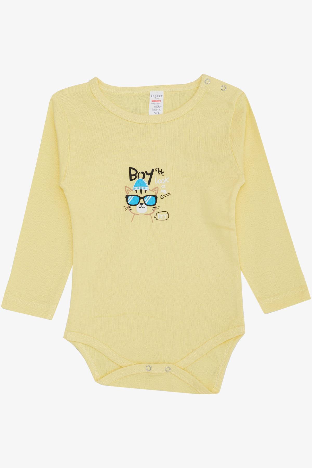 Breeze Erkek Bebek Çıtçıtlı Zıbın Body Gözlüklü Kedicik Baskılı Sarı (9 Ay-3 Yaş)