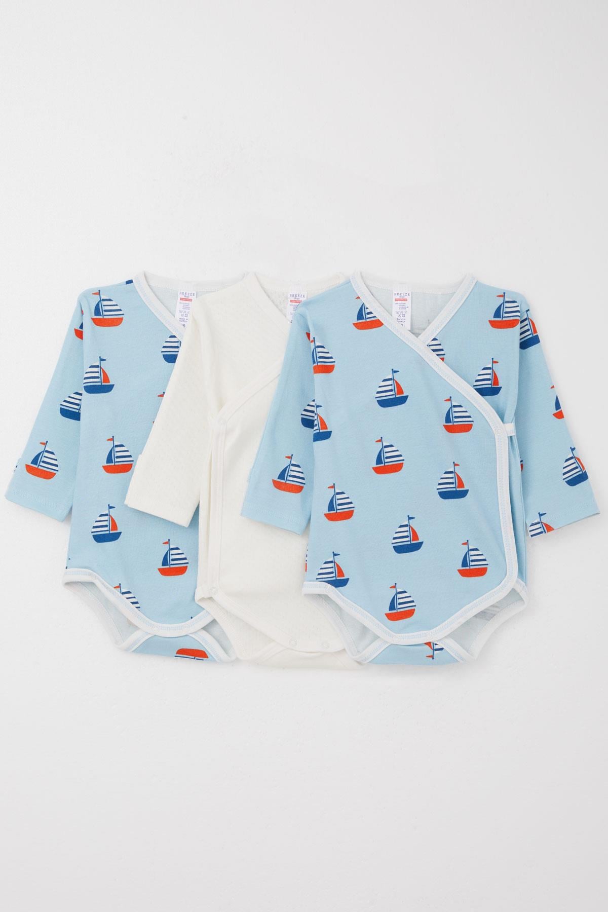Breeze Erkek Bebek Çıtçıtlı Zıbın Body Yelken Desenli 3 lü Kendinden Eldivenli Karışık Renk (6 Ay)