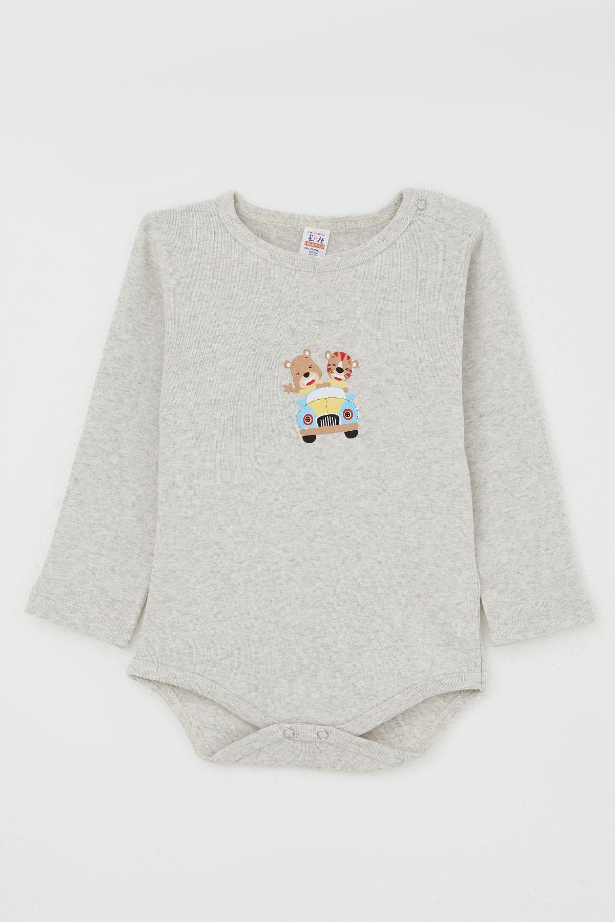 Breeze Erkek Bebek Çıtçıtlı Zıbın Body Şoför Hayvancık Baskılı Açık Gri Melanj (9 Ay-3 Yaş)