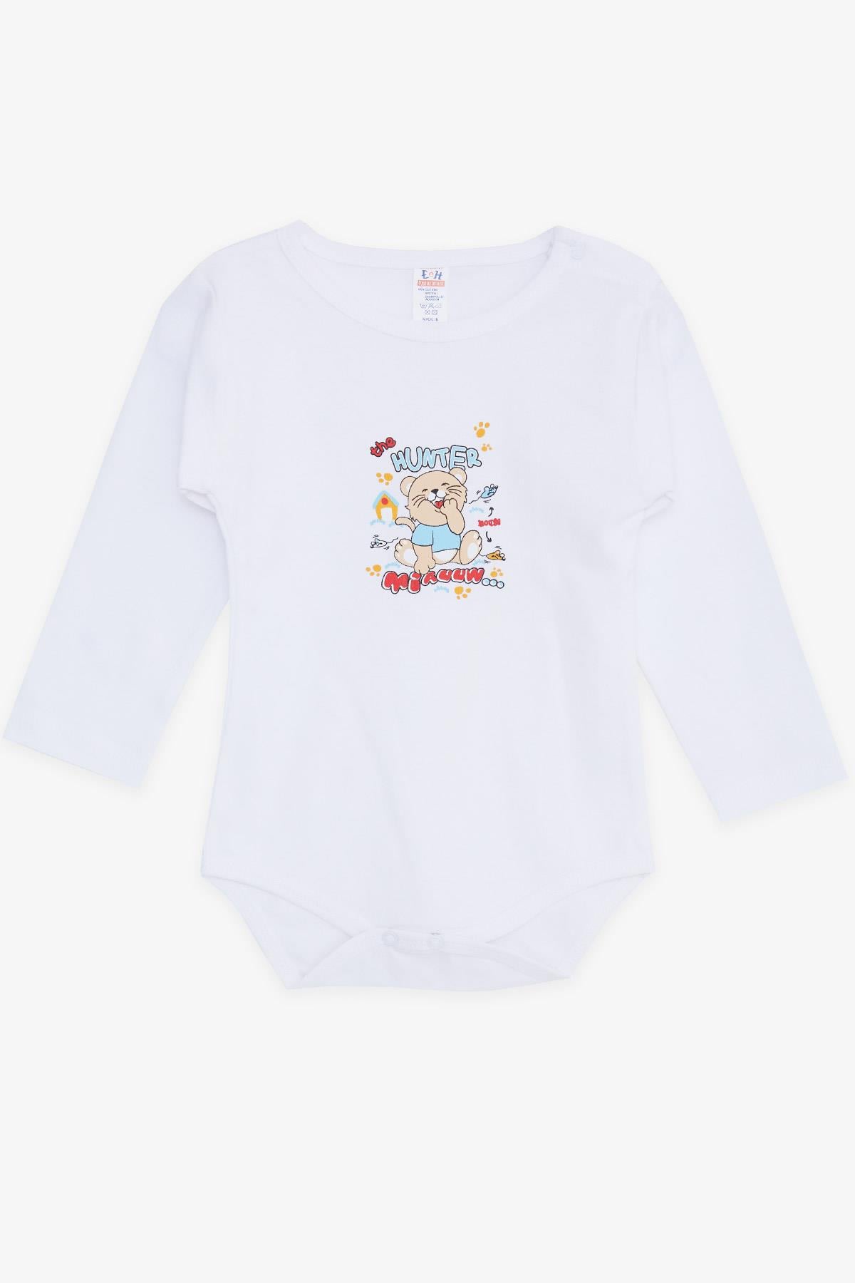 Breeze Erkek Bebek Çıtçıtlı Zıbın Body Avcı Kedicik Baskılı Beyaz (9 Ay-3 Yaş)
