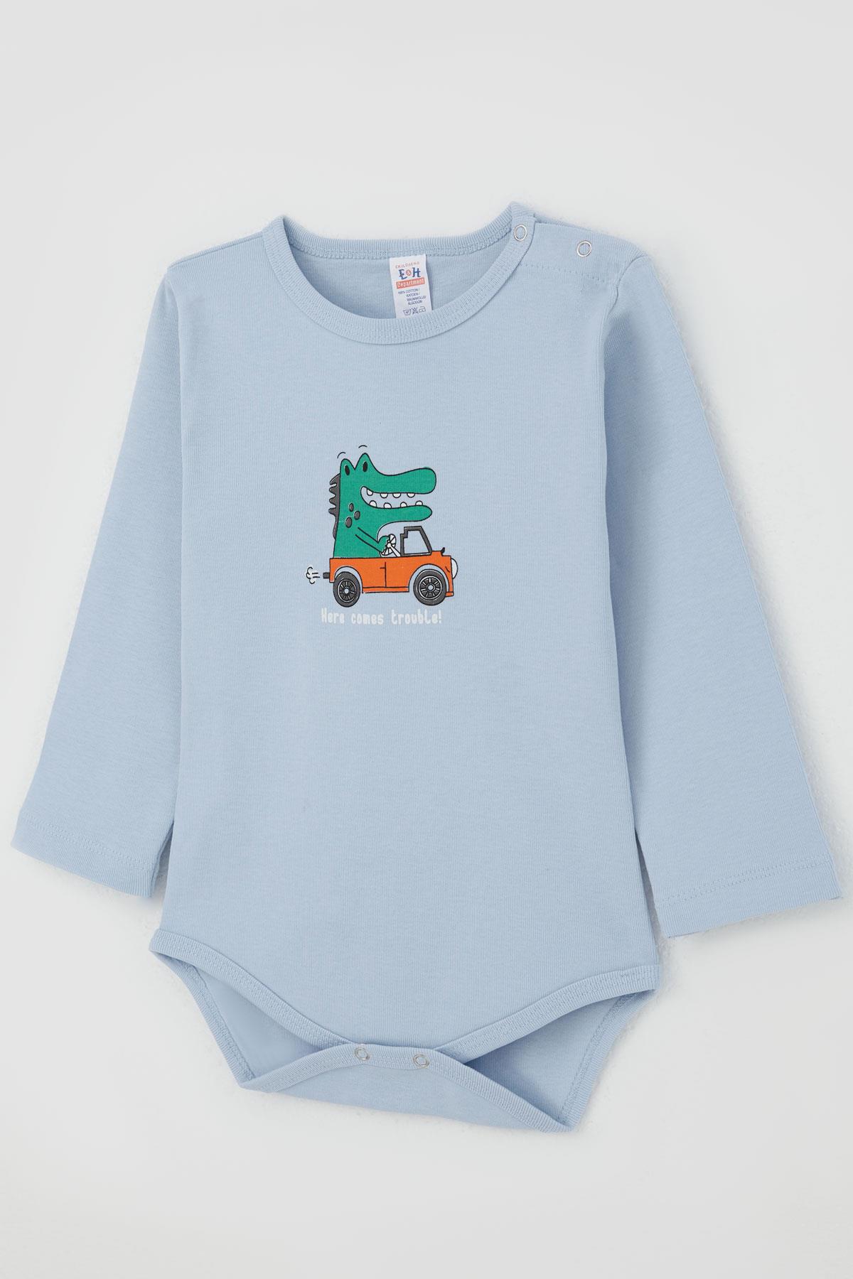 Breeze Erkek Bebek Çıtçıtlı Zıbın Body Şoför Timsahcık Baskılı Açık Mavi (9 Ay-3 Yaş)
