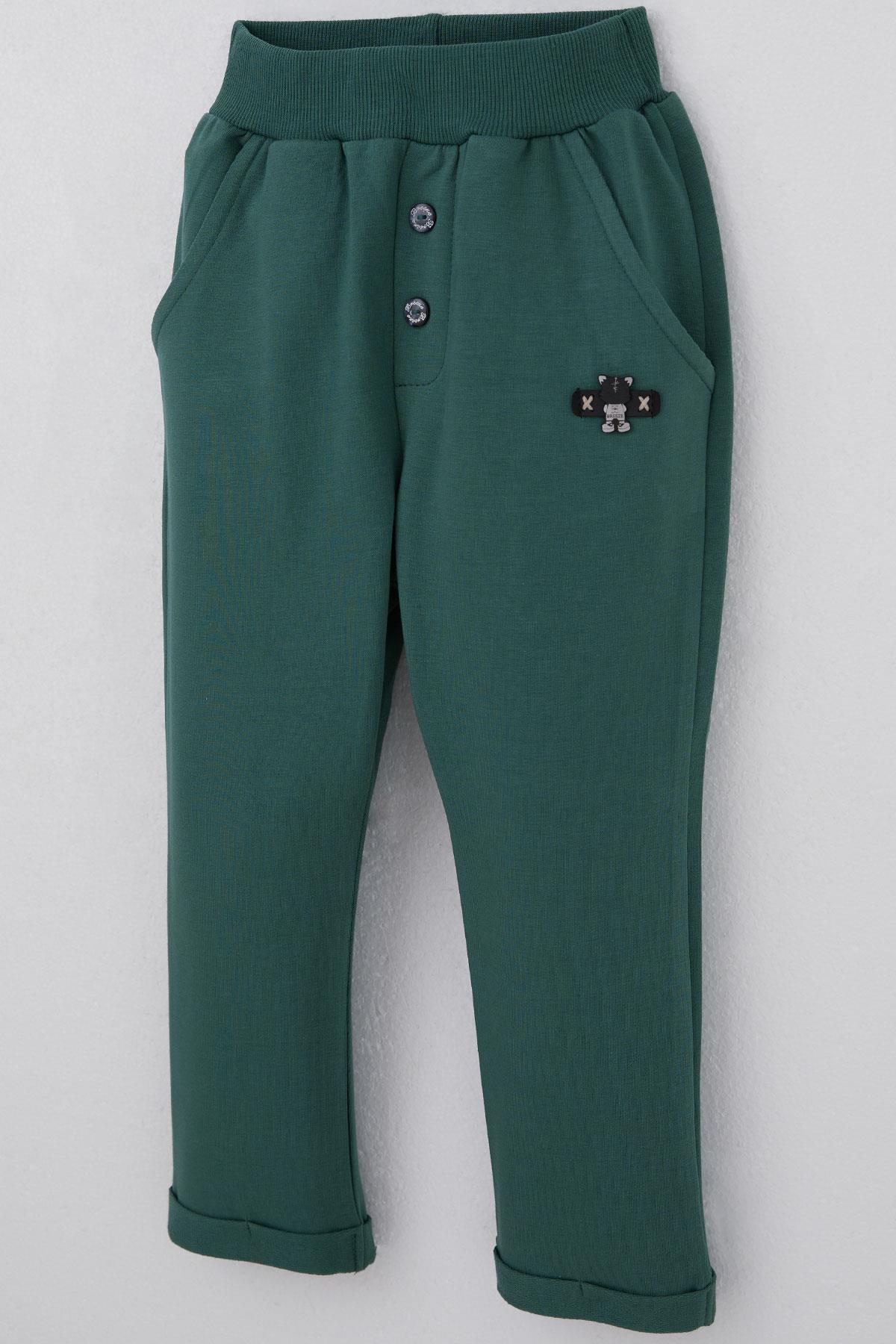 Breeze Erkek Bebek Eşofman Altı Ayıcık Armalı Düğme Aksesuarlı Zümrüt Yeşili (9 Ay-3 Yaş)